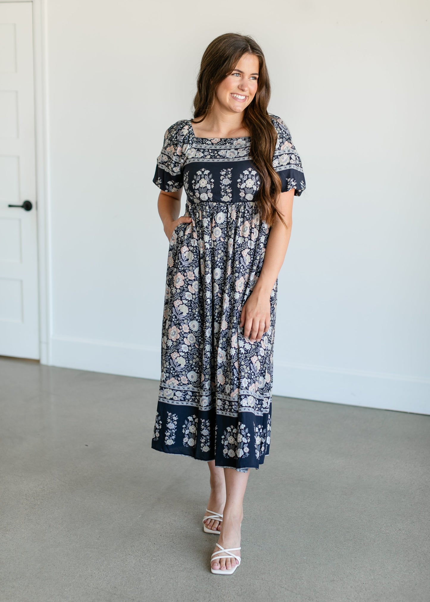 Botanical Floral Smocked Midi Dress FF Dresses