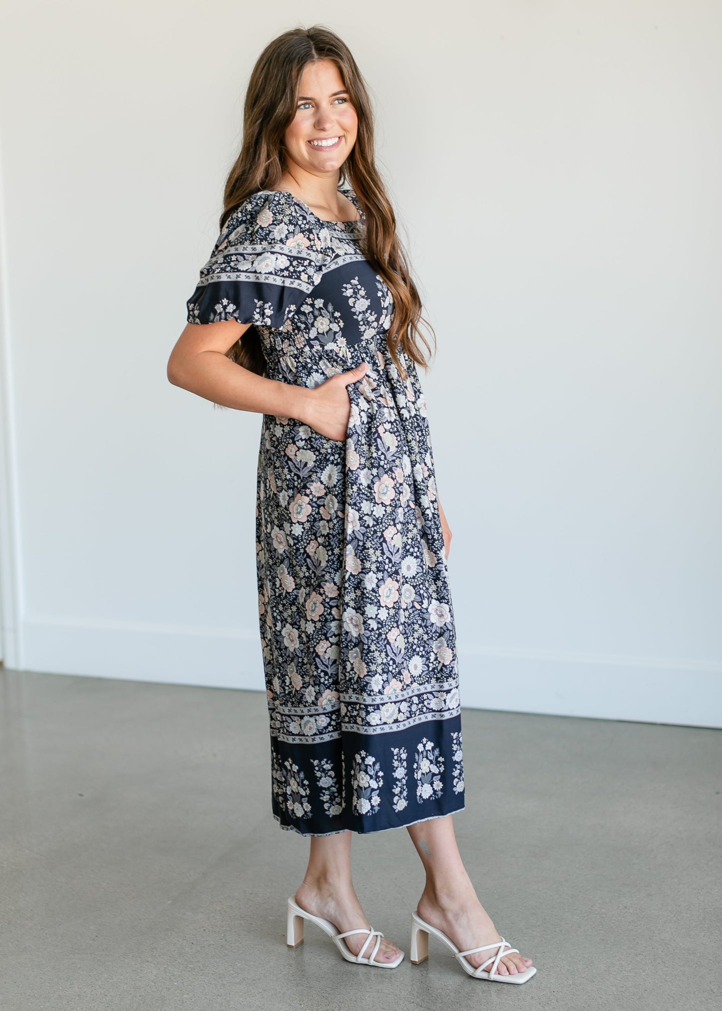 Botanical Floral Smocked Midi Dress FF Dresses