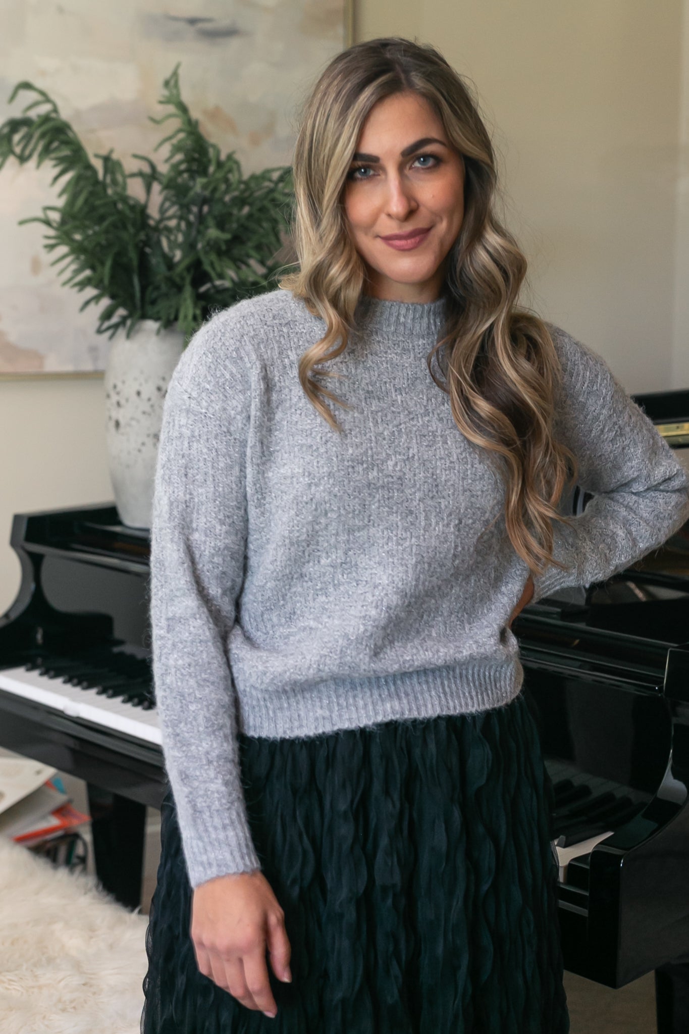 Bow Back Lurex Fuzzy Sweater FF Tops