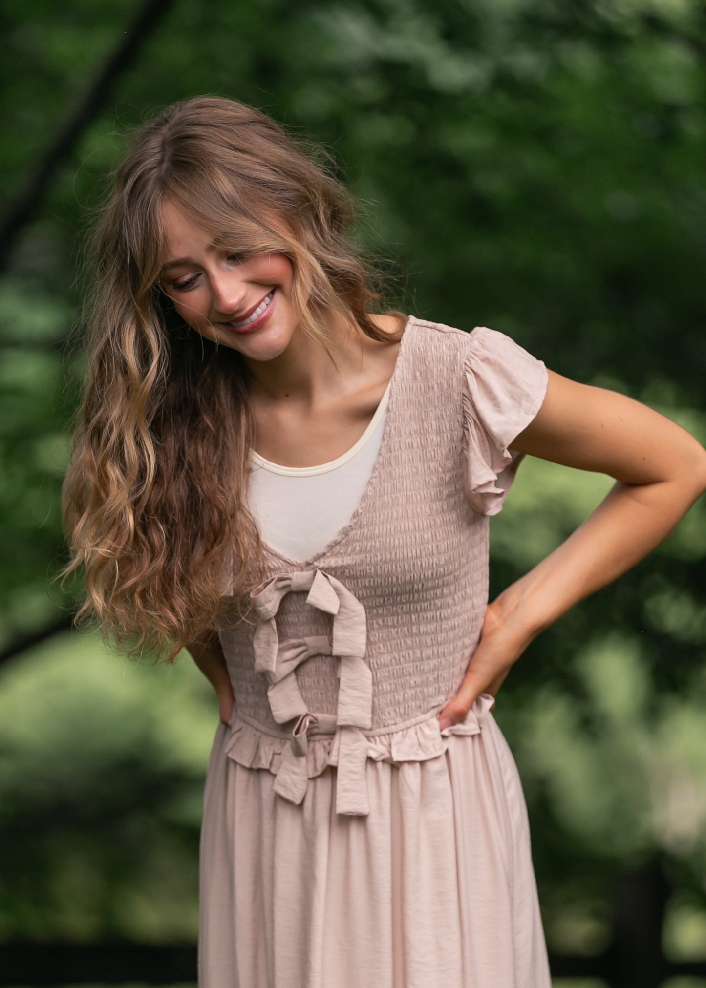 Bow Detail Smocked Midi Dress FF Dresses