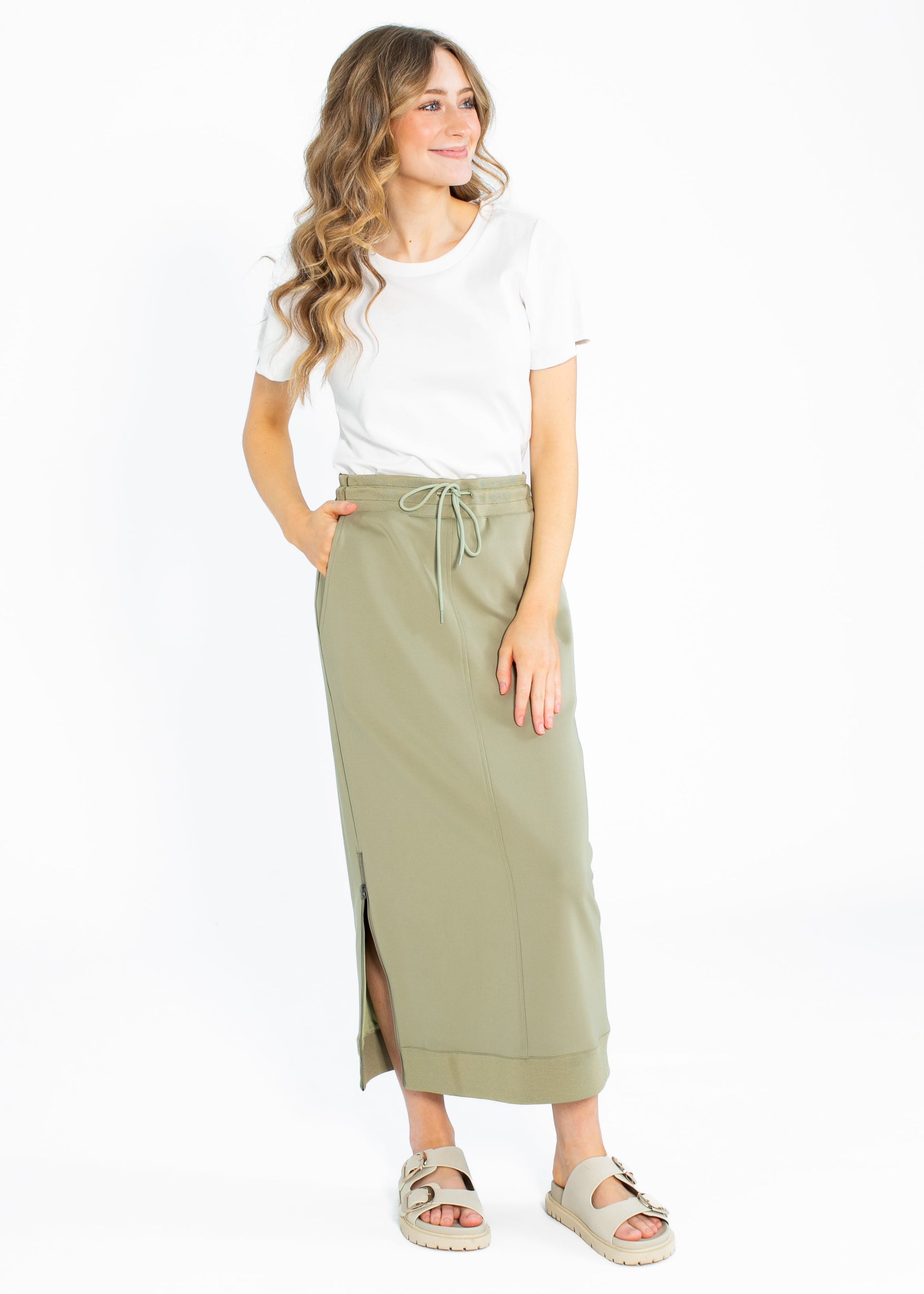 Bradi Side Zipper Athletic Green Sprig Midi Skirt IC Skirts