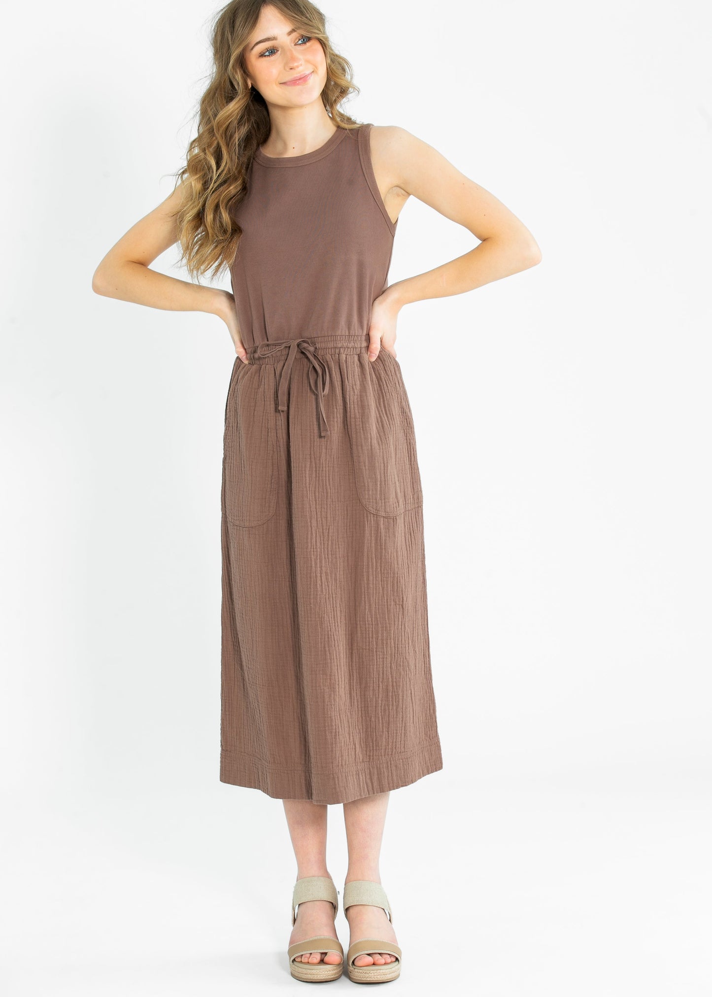 Brendie Knit Cotton Drawstring Maxi Dress FF Dresses