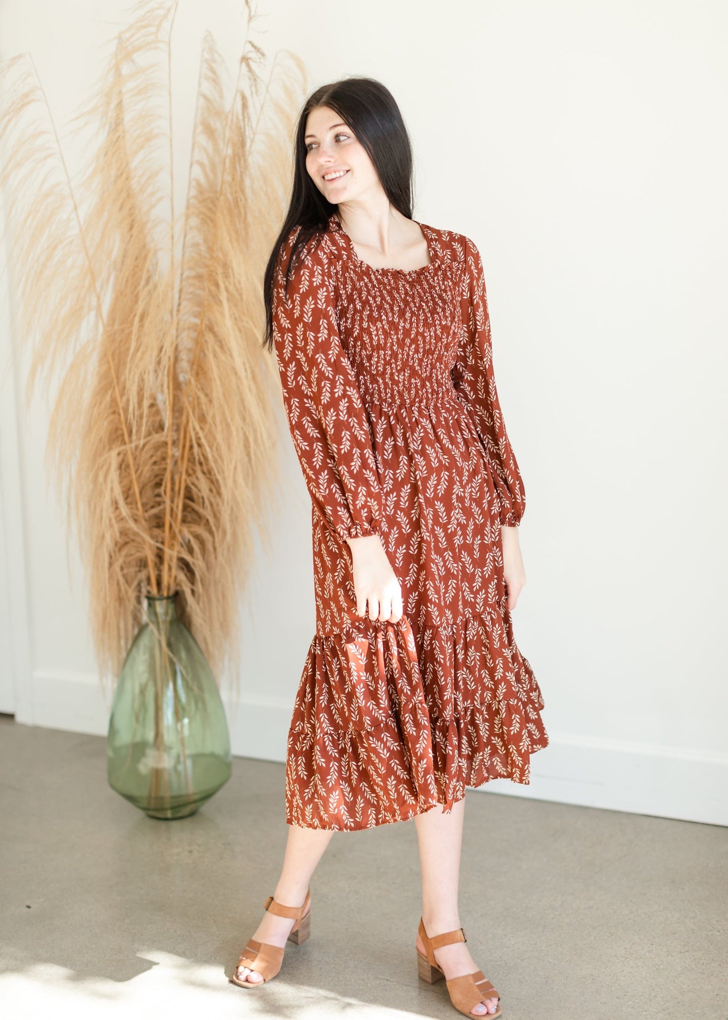Brown Leaf Smocked Midi Dress - FINAL SALE FF Dresses