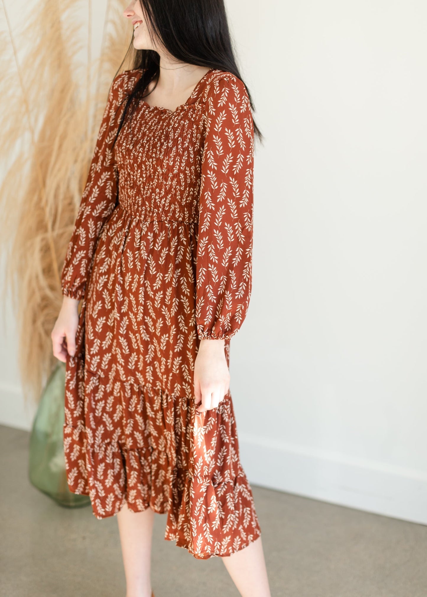 Brown Leaf Smocked Midi Dress - FINAL SALE FF Dresses