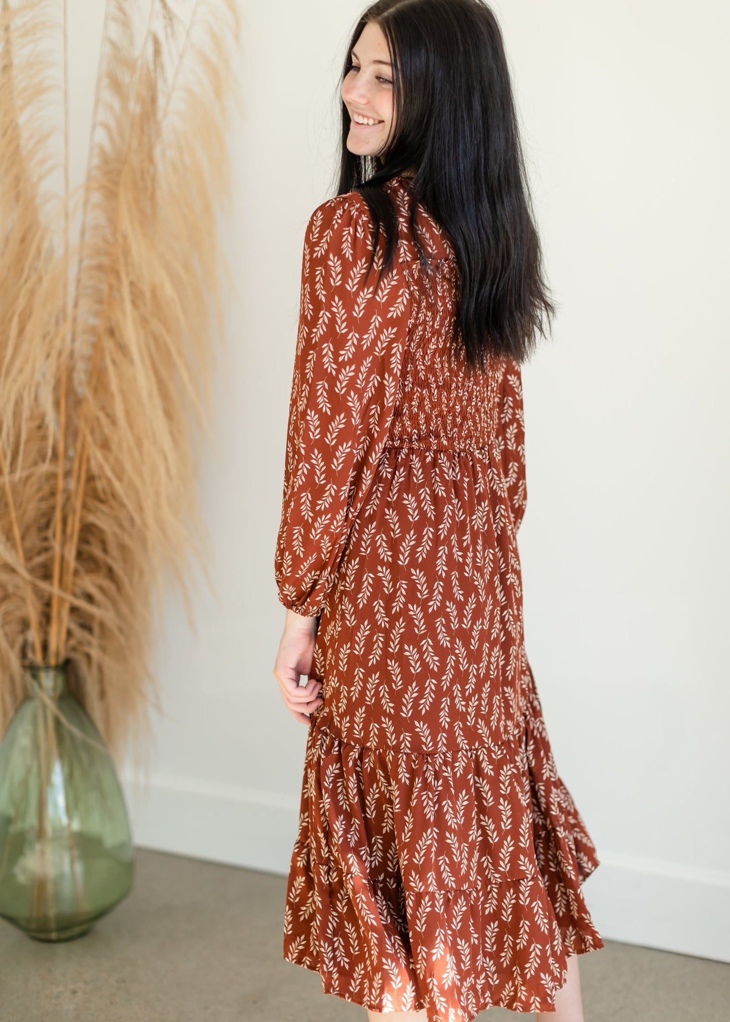 Brown Leaf Smocked Midi Dress - FINAL SALE FF Dresses