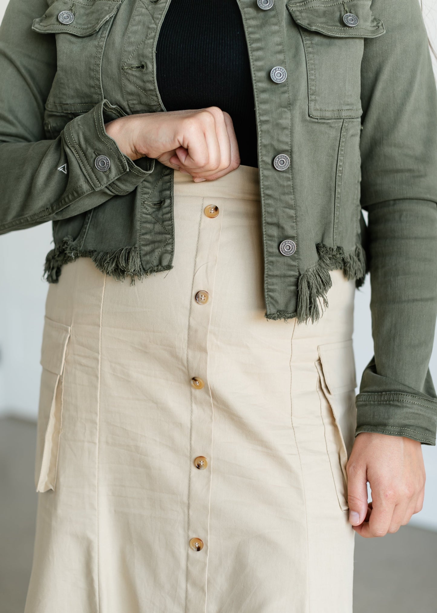 Button Down Cargo Pocket Midi Skirt FF Skirts