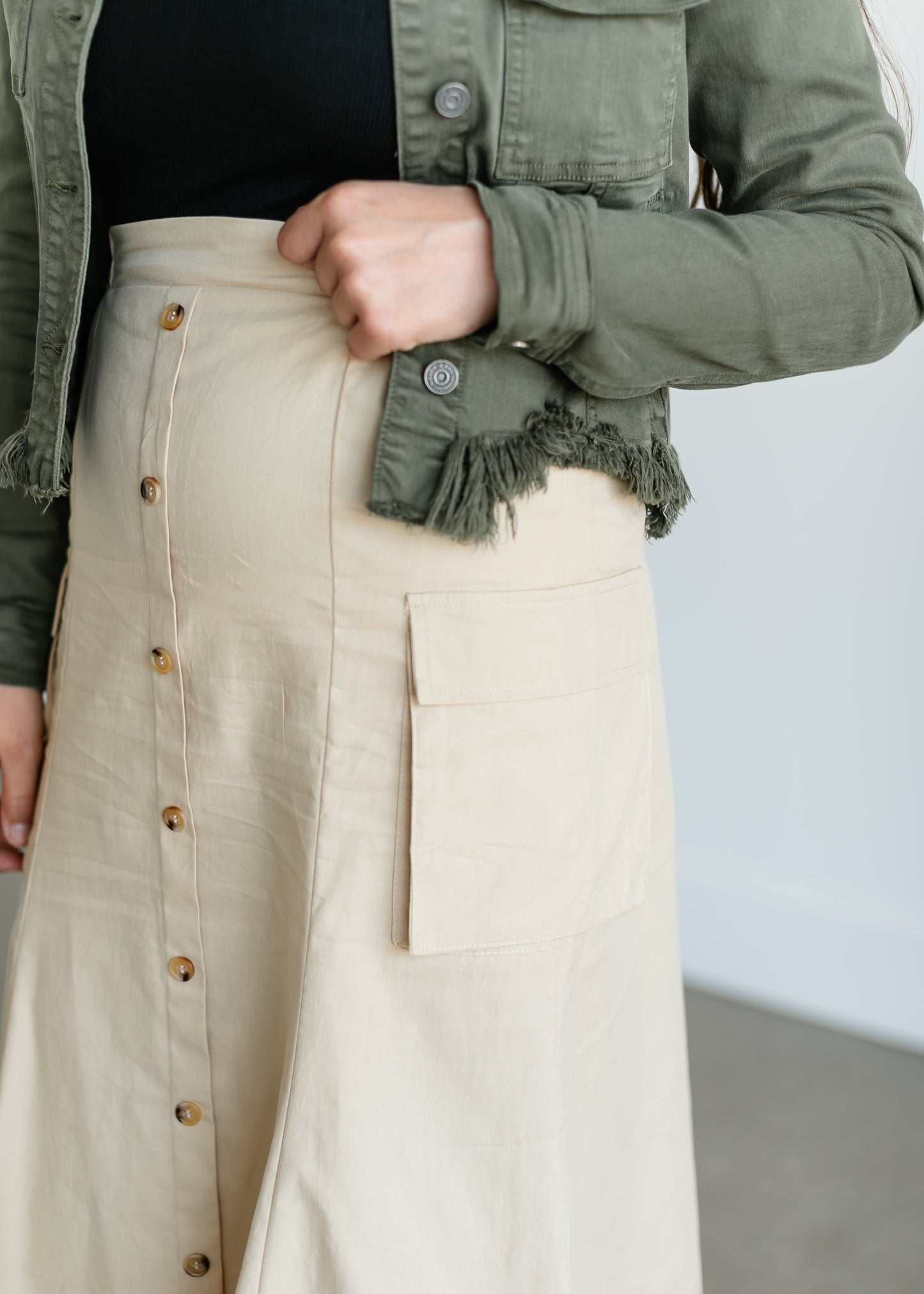 Button Down Cargo Pocket Midi Skirt FF Skirts