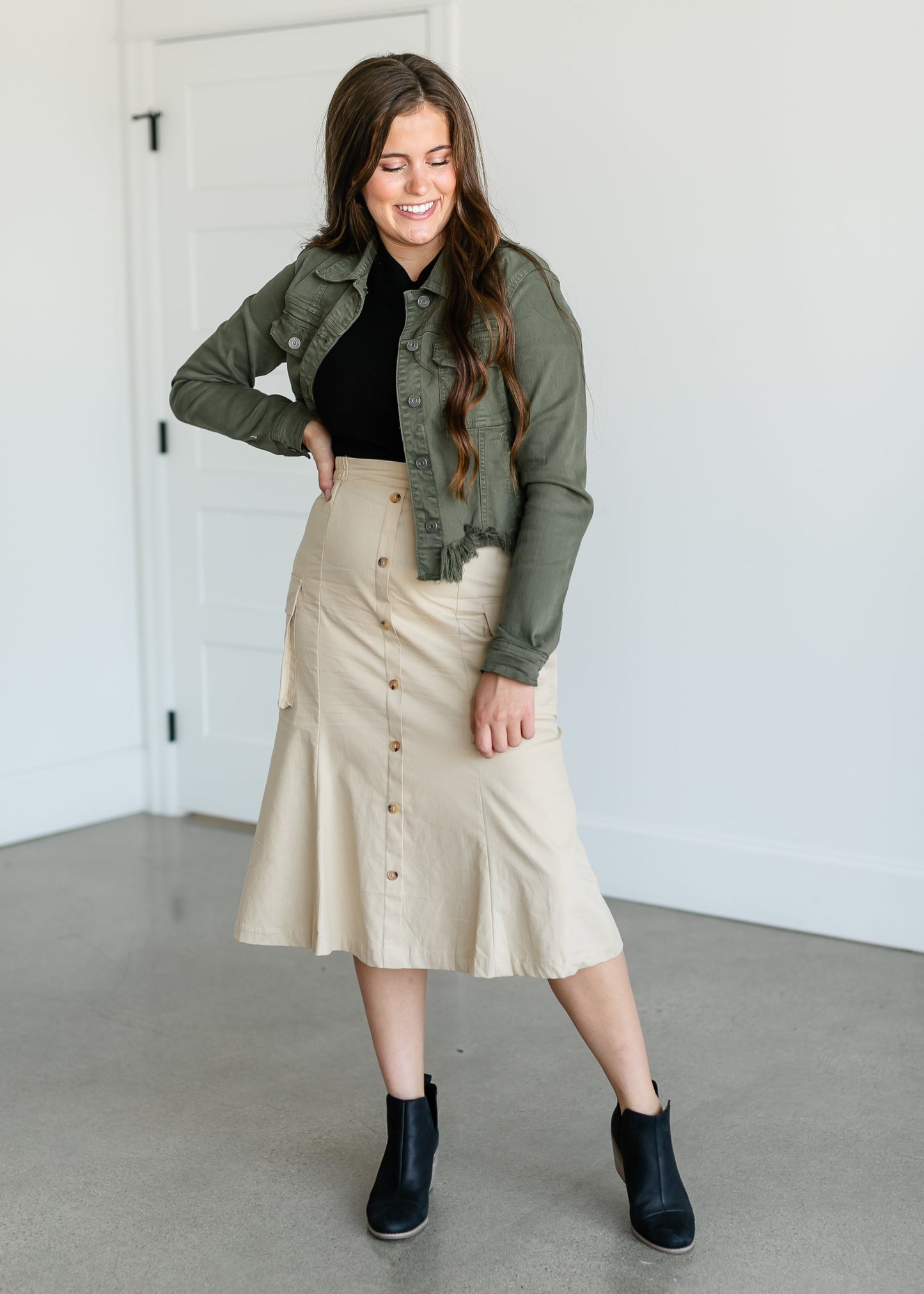 Button Down Cargo Pocket Midi Skirt FF Skirts