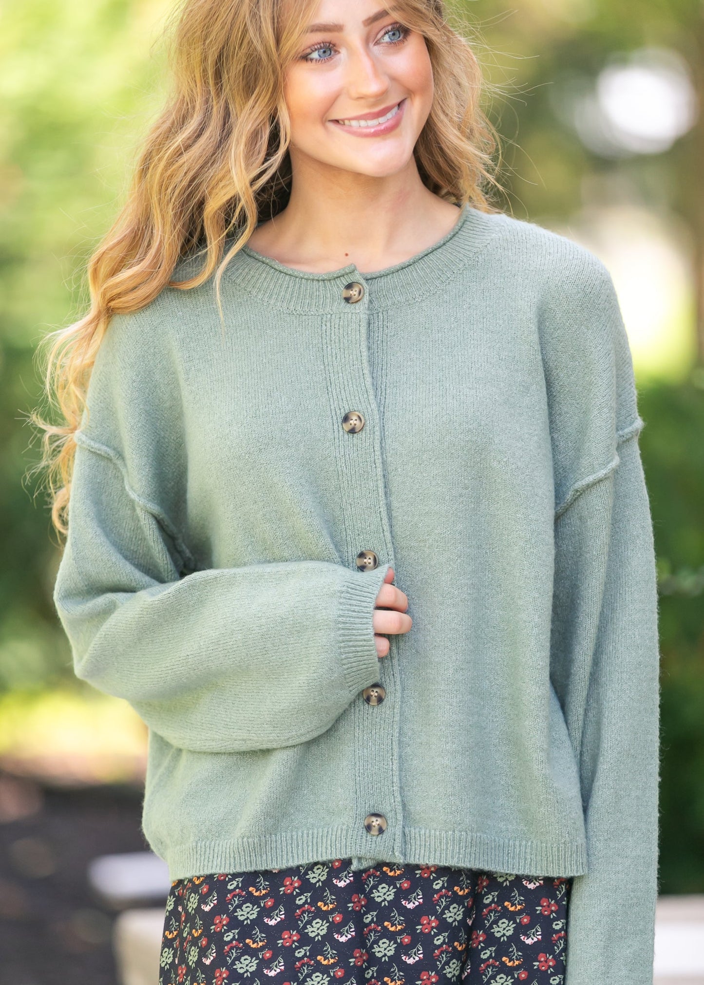 Button Down Raw Seam Cardigan FF Layering Essentials Sage / S