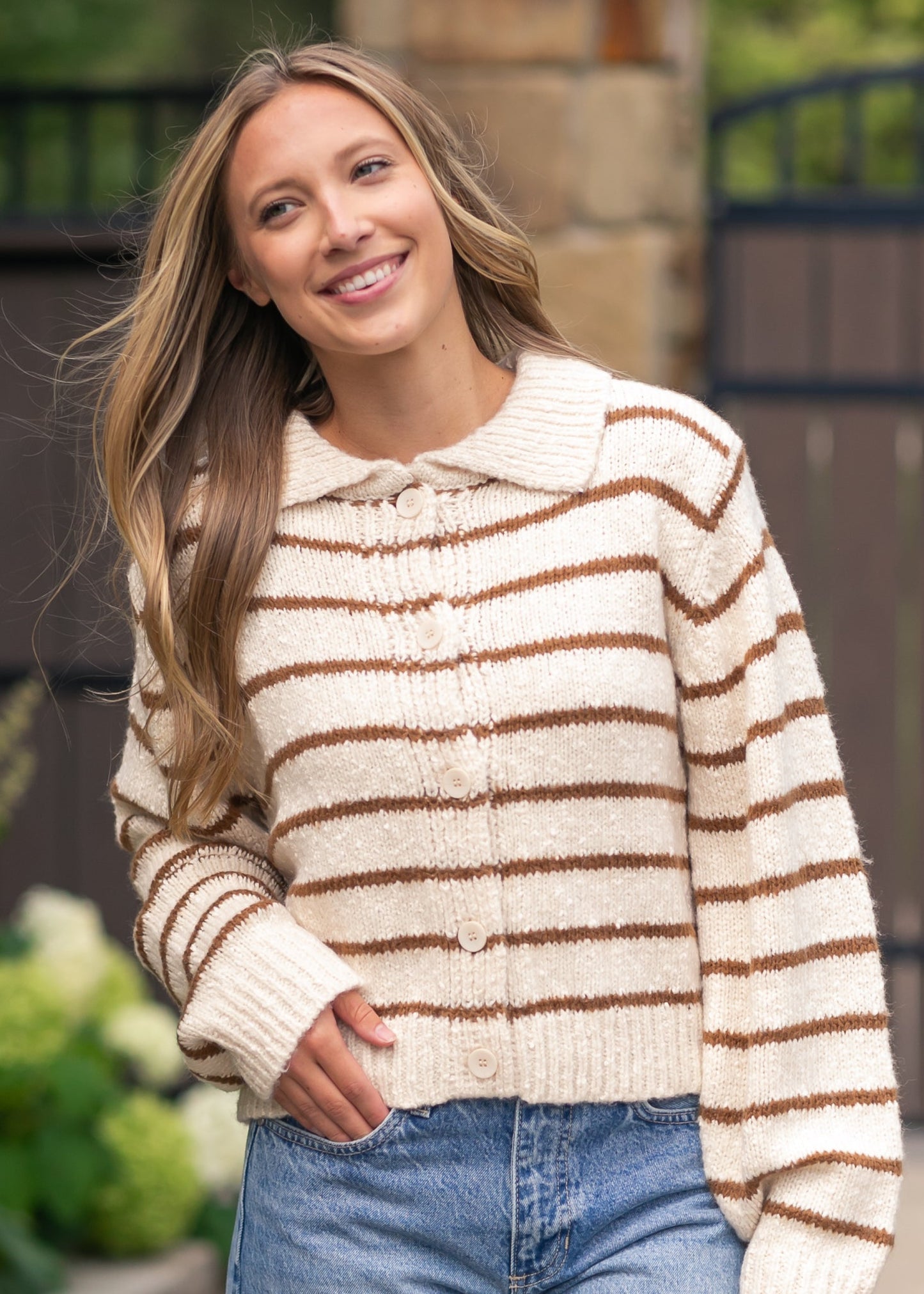 Button Front Striped Collared Cardigan FF Tops