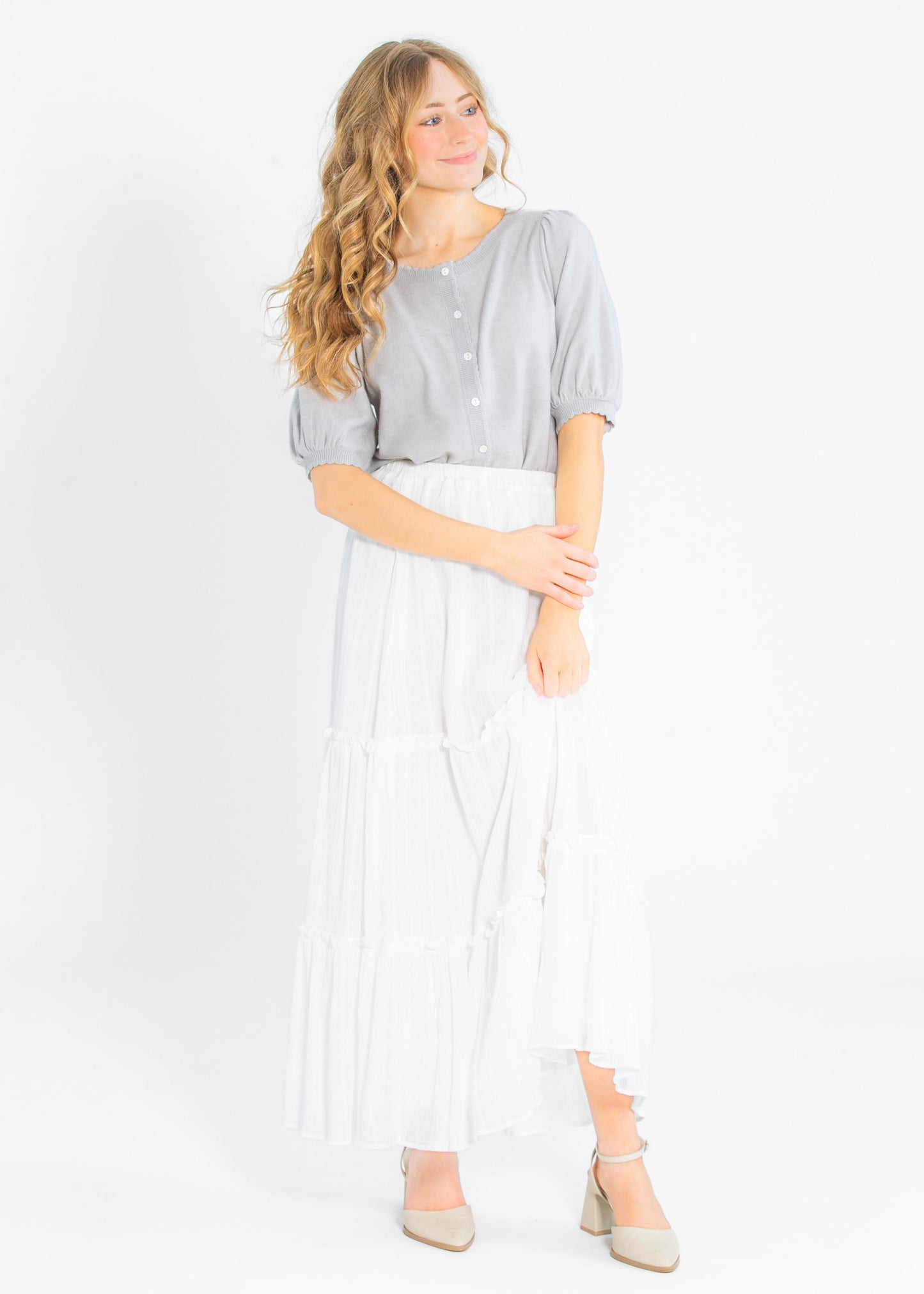 Button Puff Short Sleeve Cardigan FF Tops