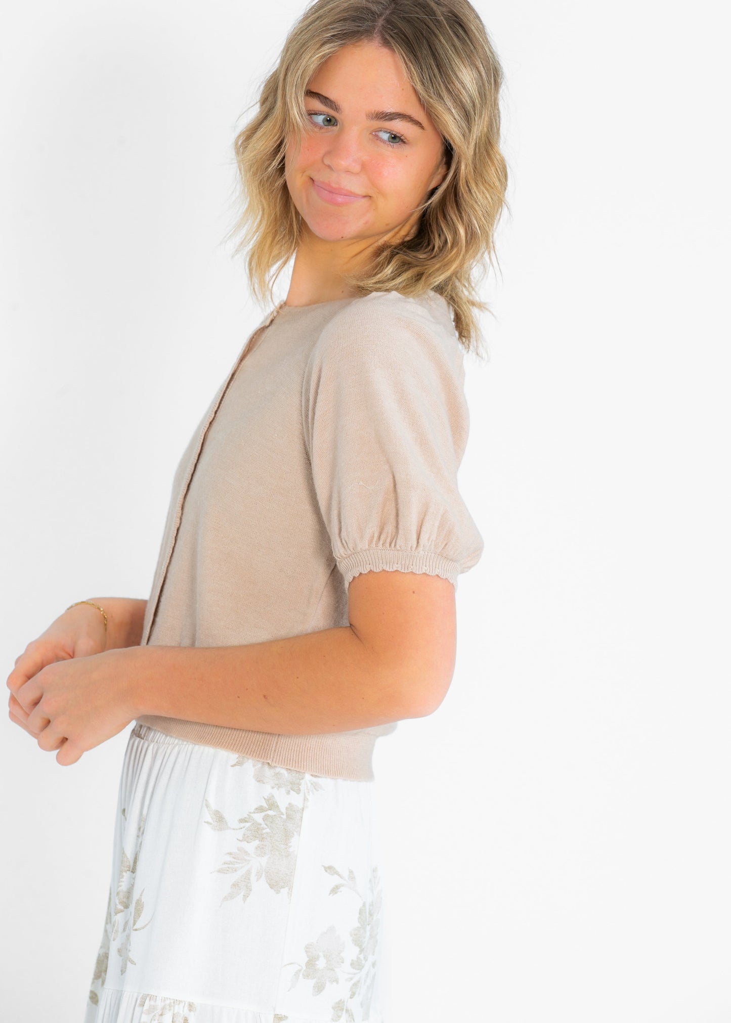 Button Puff Short Sleeve Cardigan FF Tops