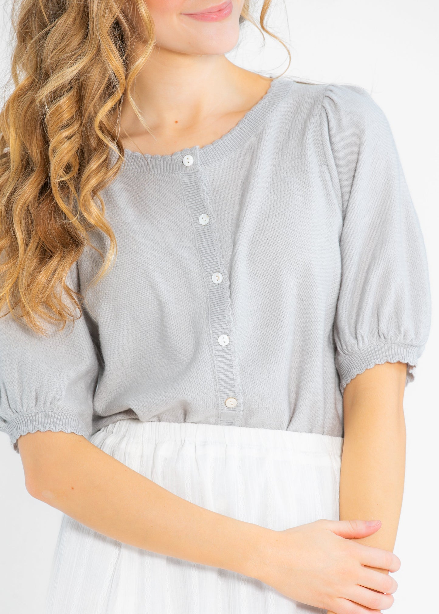 Button Puff Short Sleeve Cardigan FF Tops