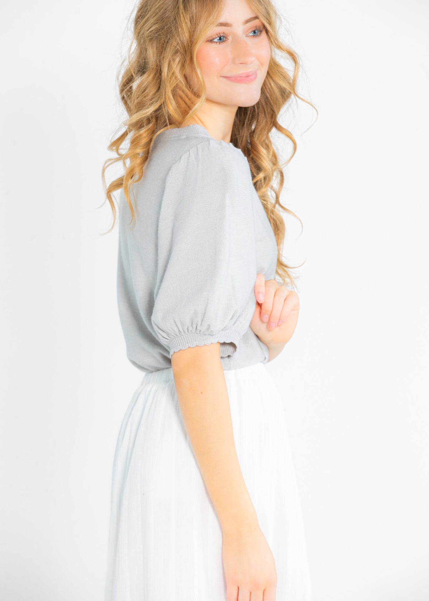 Button Puff Short Sleeve Cardigan FF Tops