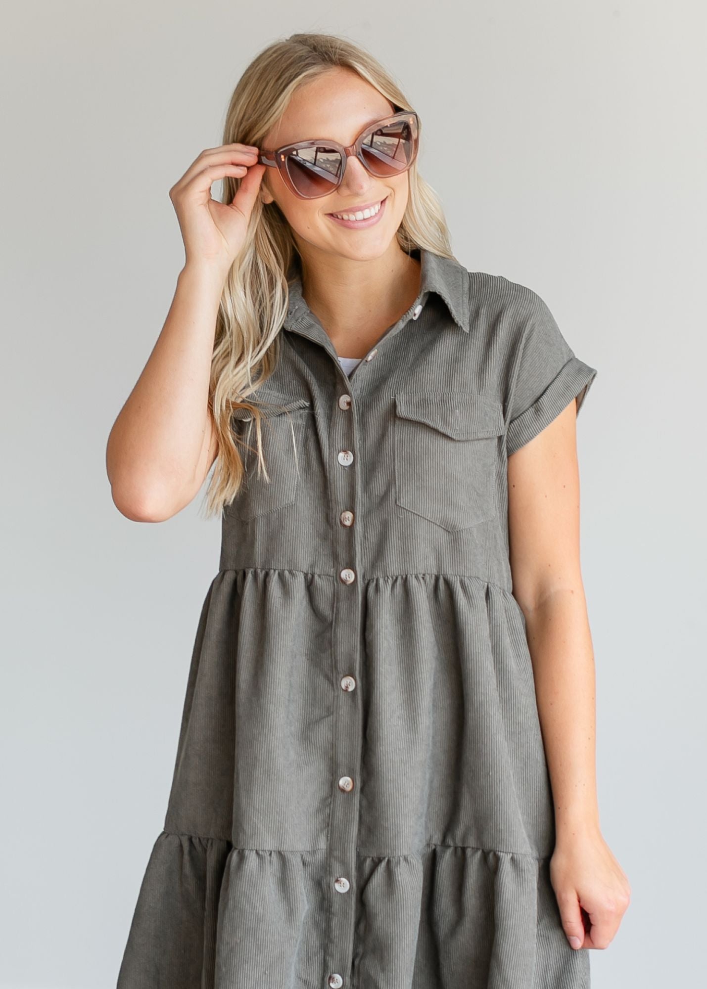 Button Up Corduroy Midi Dress FF Dresses Olive / XS