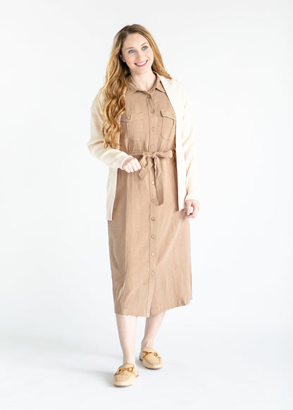 Button Up Midi Shirt Dress FF Dresses Brown / S