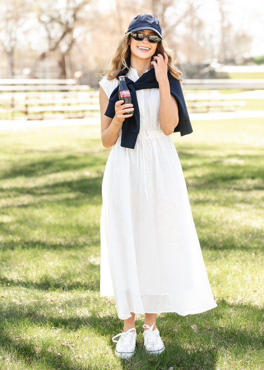 Cap Sleeve Button Front Tie Waist Maxi Dress FF Dresses