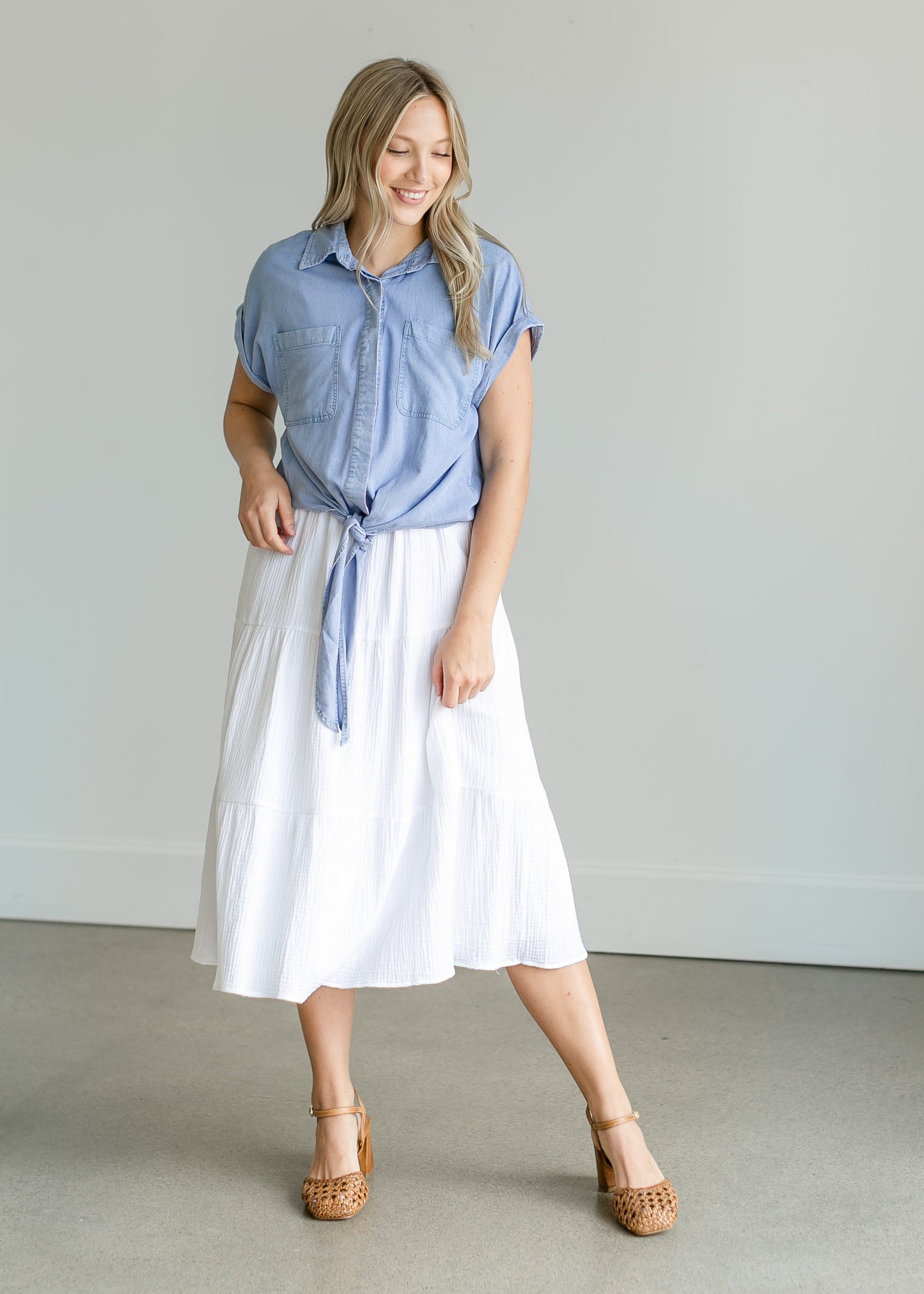 Chambray Short Sleeve Knotted Top Tops