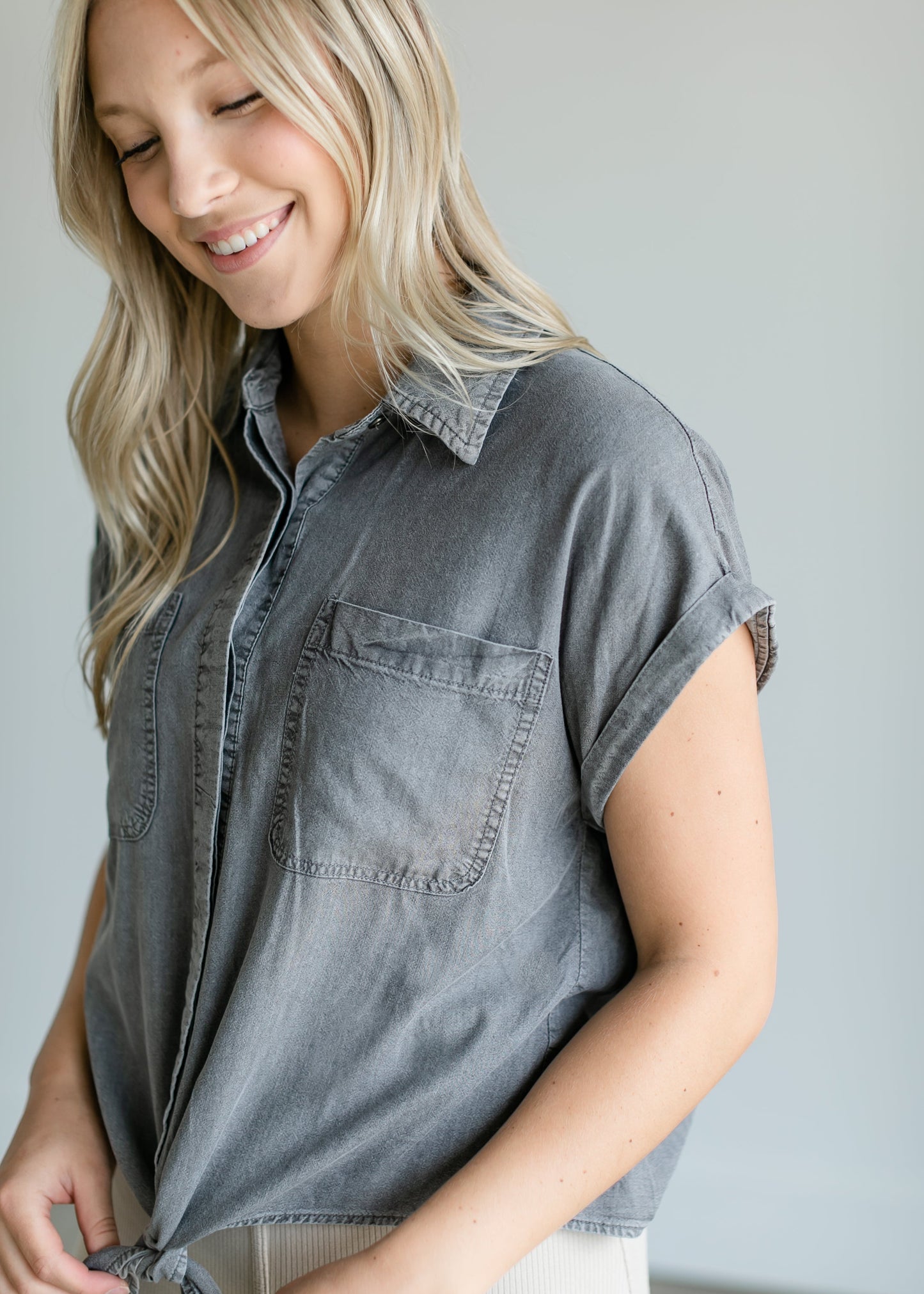 Chambray Short Sleeve Knotted Top Tops