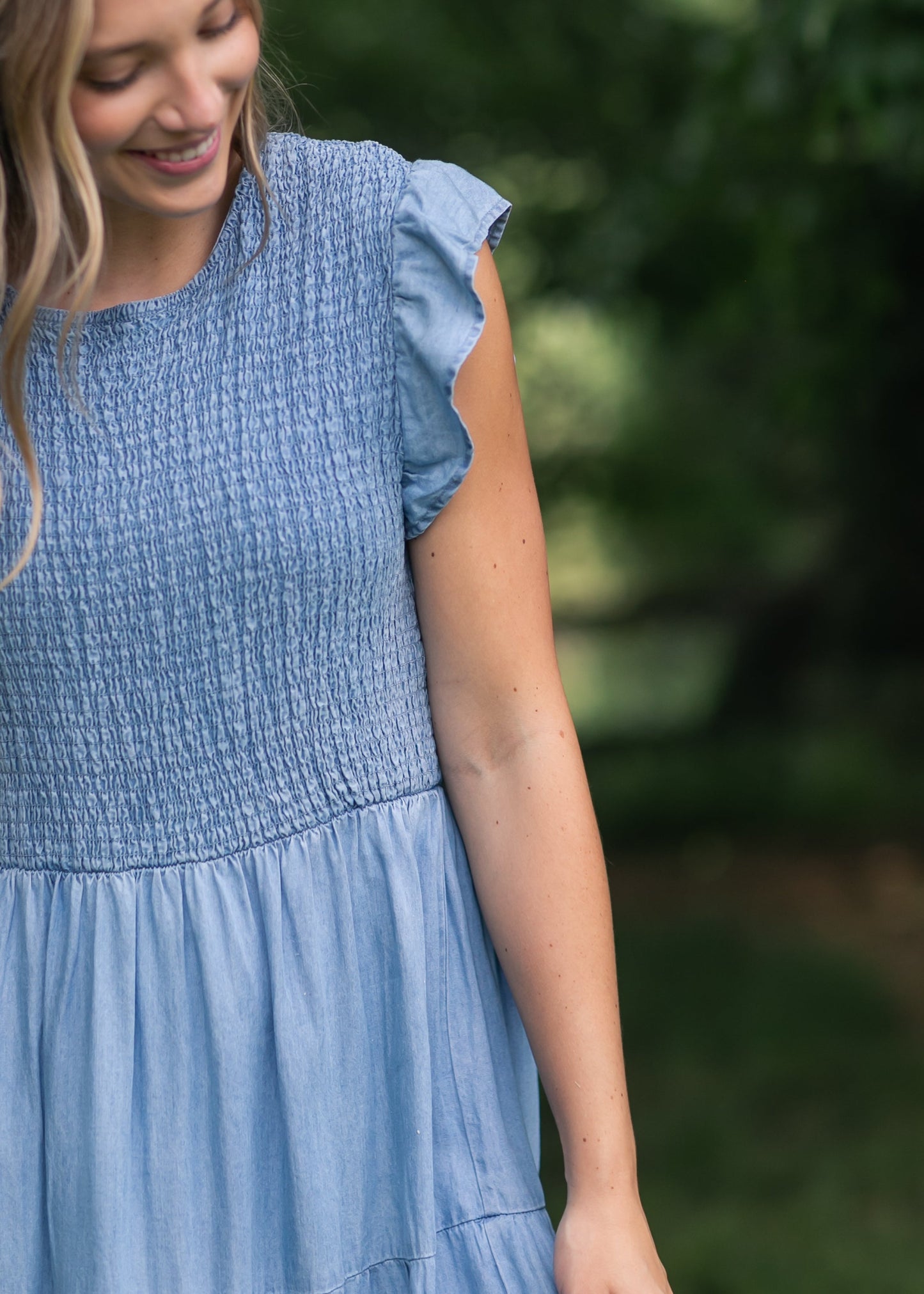 Chambray Smocked Tiered Midi Dress FF Dresses