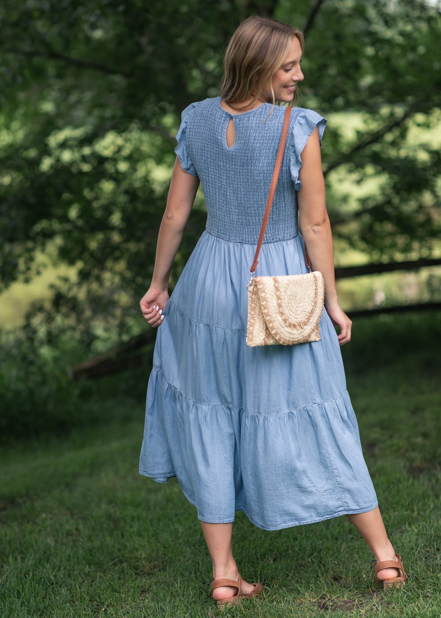 Chambray Smocked Tiered Midi Dress FF Dresses