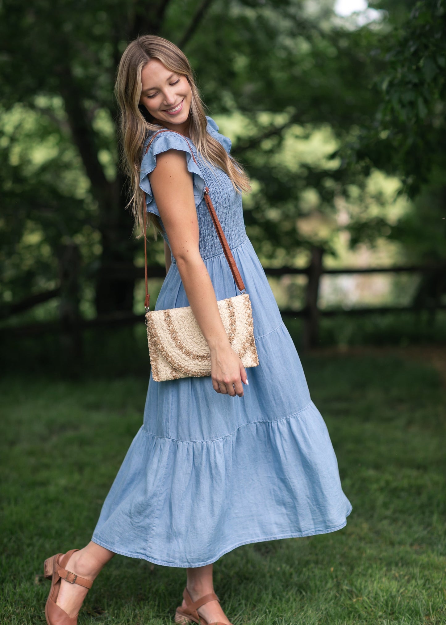 Chambray Smocked Tiered Midi Dress FF Dresses
