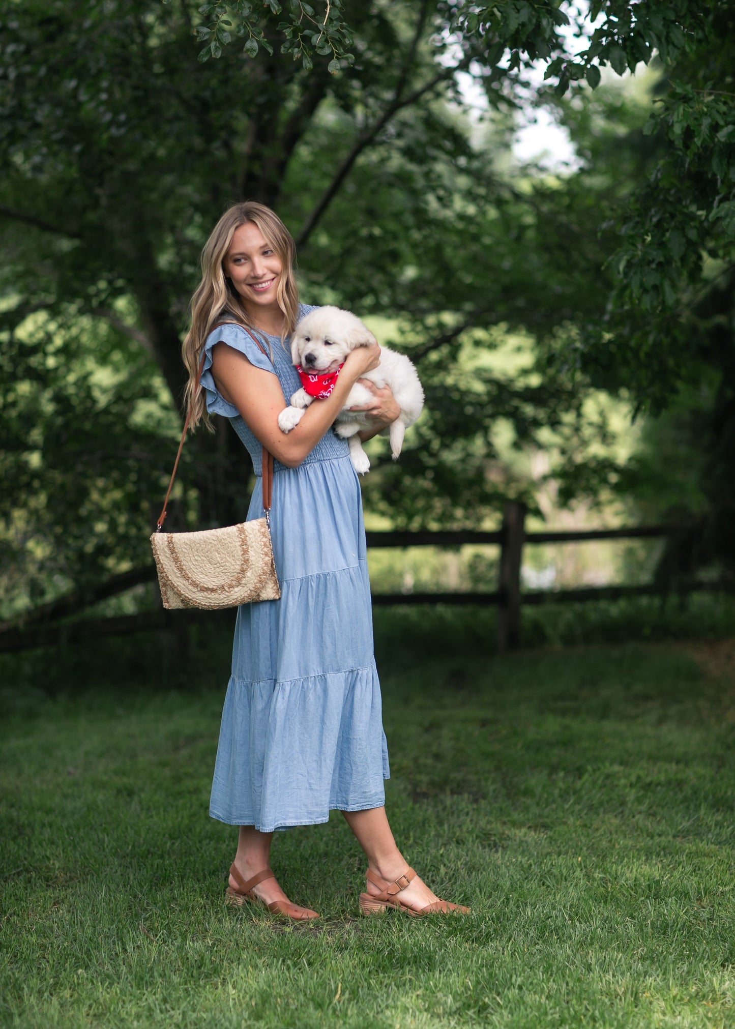 Chambray Smocked Tiered Midi Dress FF Dresses
