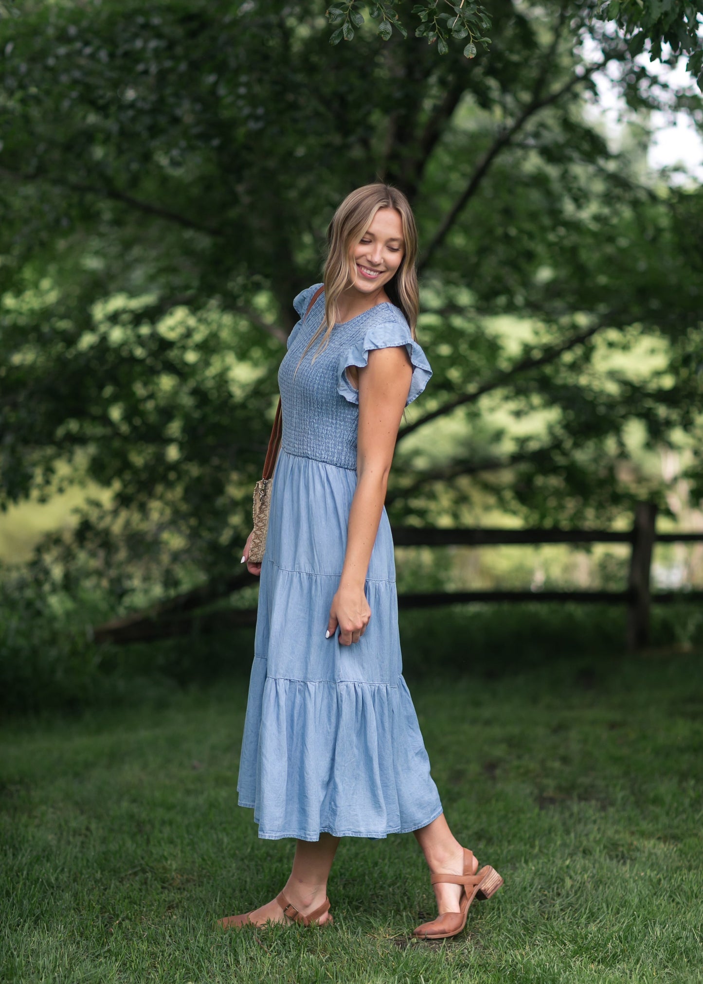 Chambray Smocked Tiered Midi Dress FF Dresses