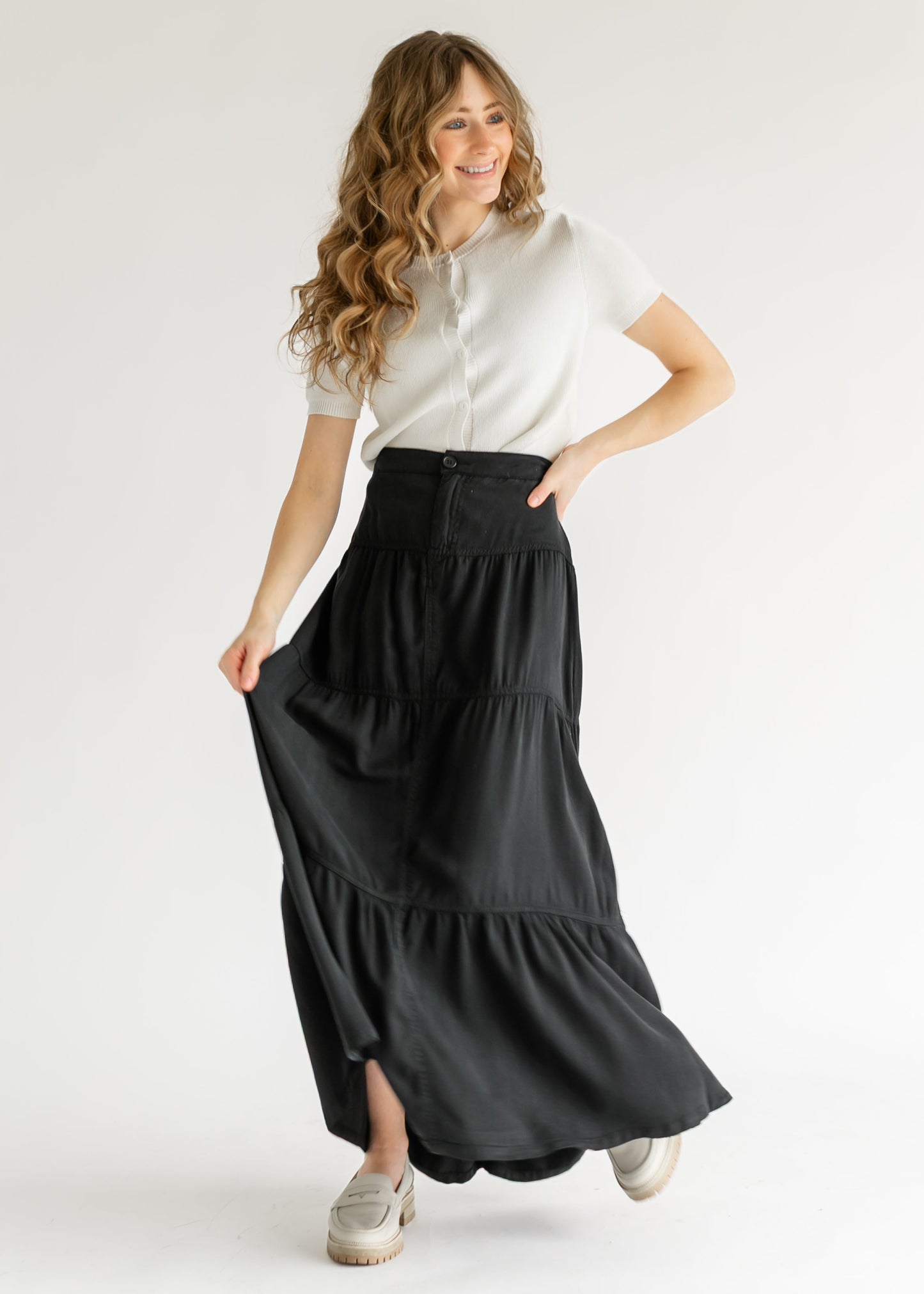 Chambray Tiered Colored Denim Skirt FF Skirts Black / S