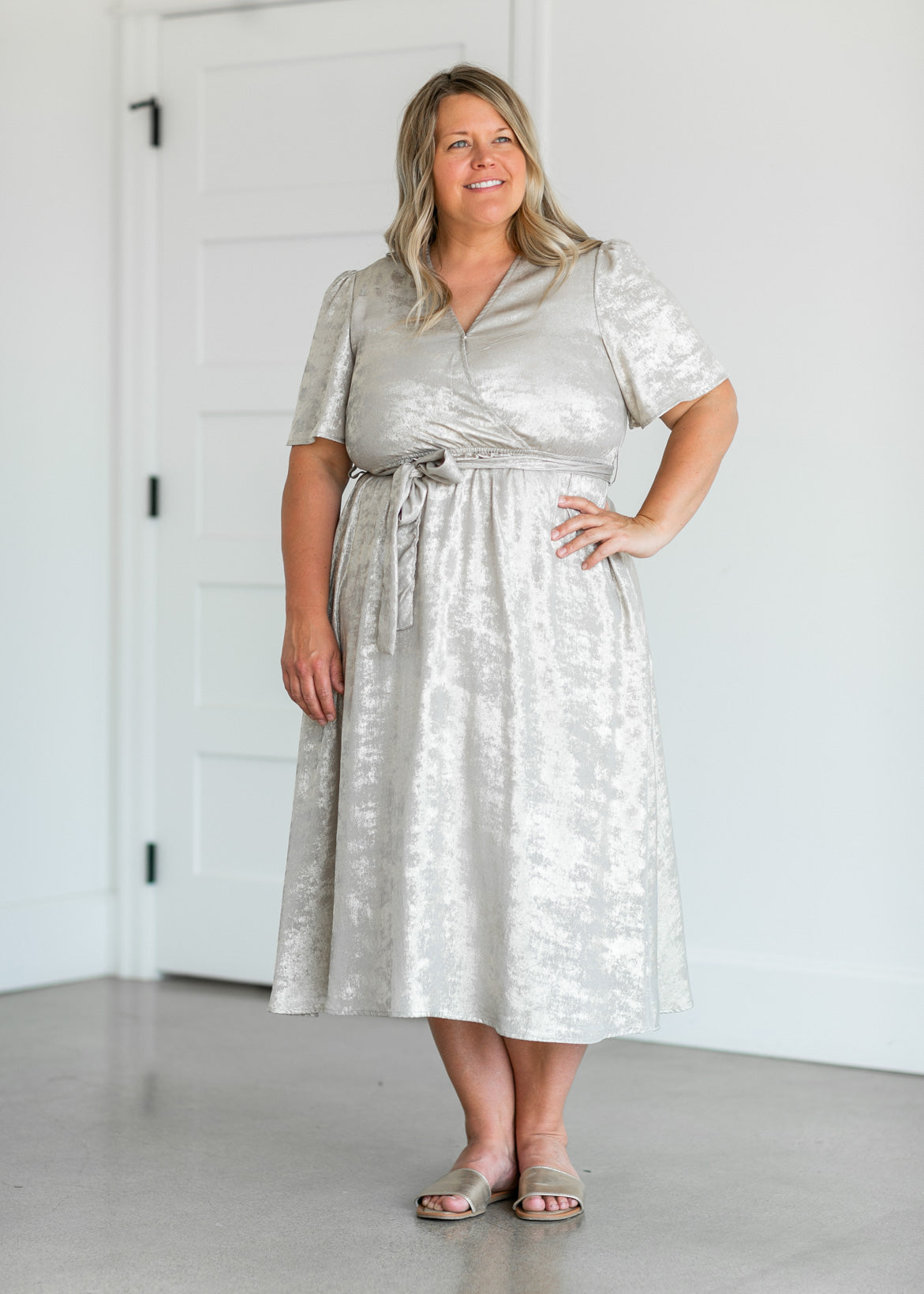 Champagne Foil Wrap Midi Dress Dresses