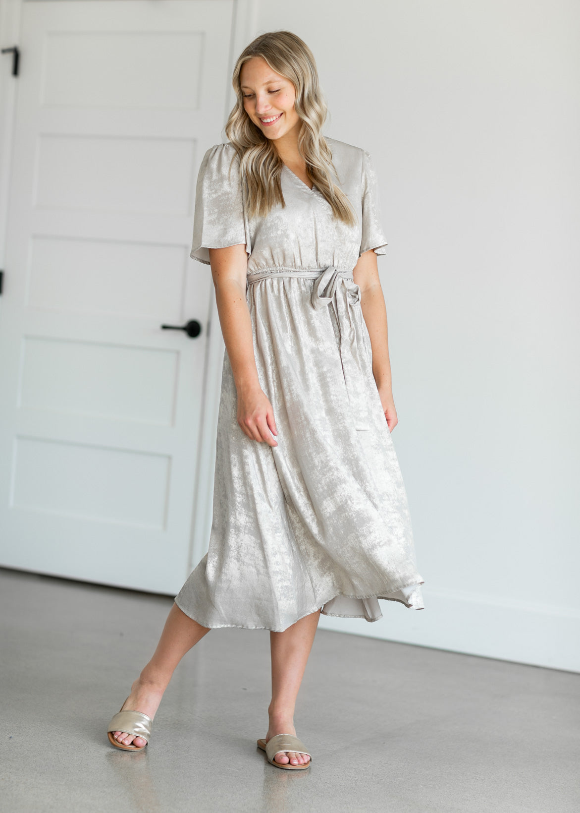 Champagne Foil Wrap Midi Dress Dresses