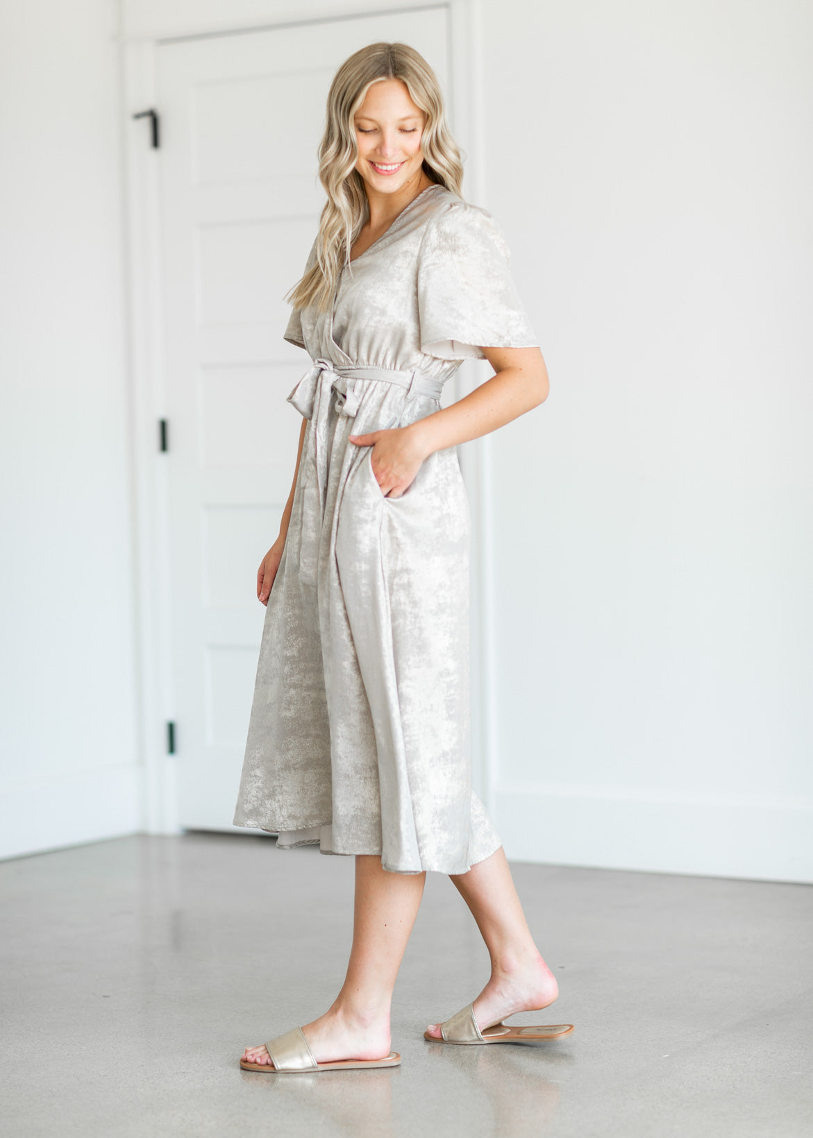 Champagne Foil Wrap Midi Dress Dresses