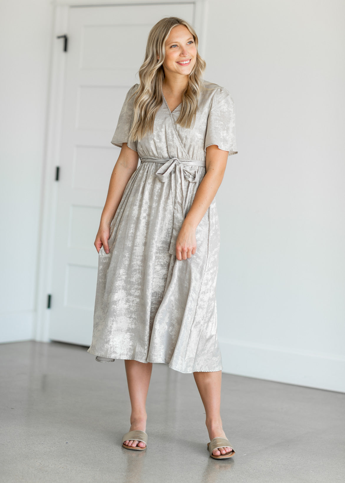 Champagne Foil Wrap Midi Dress Dresses S