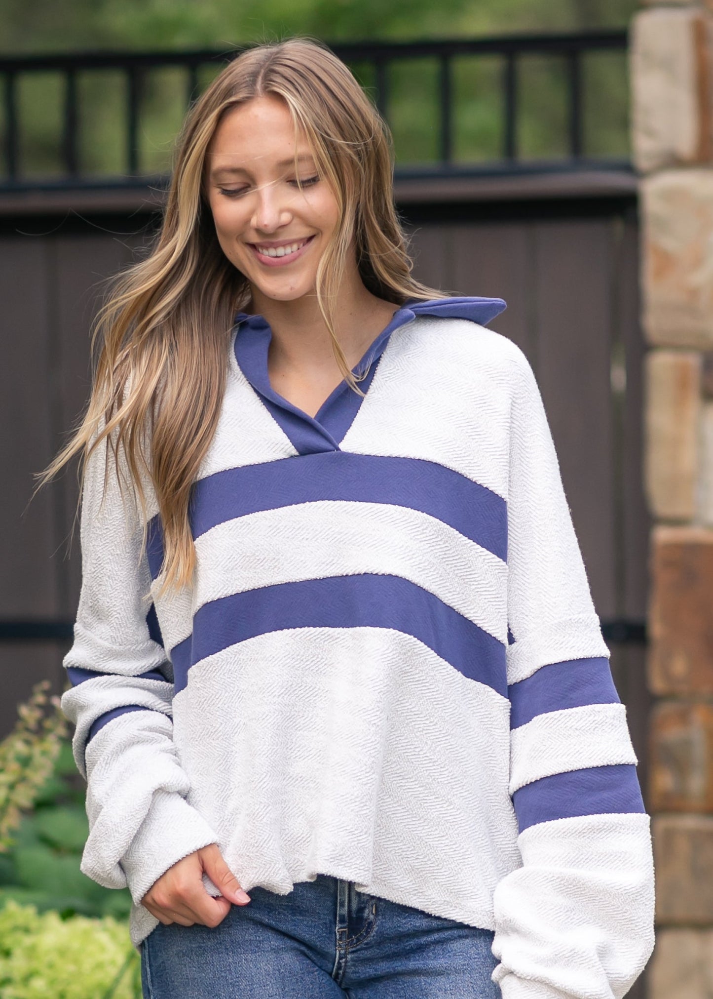 Collared Contrast Stripe Knit Top FF Tops