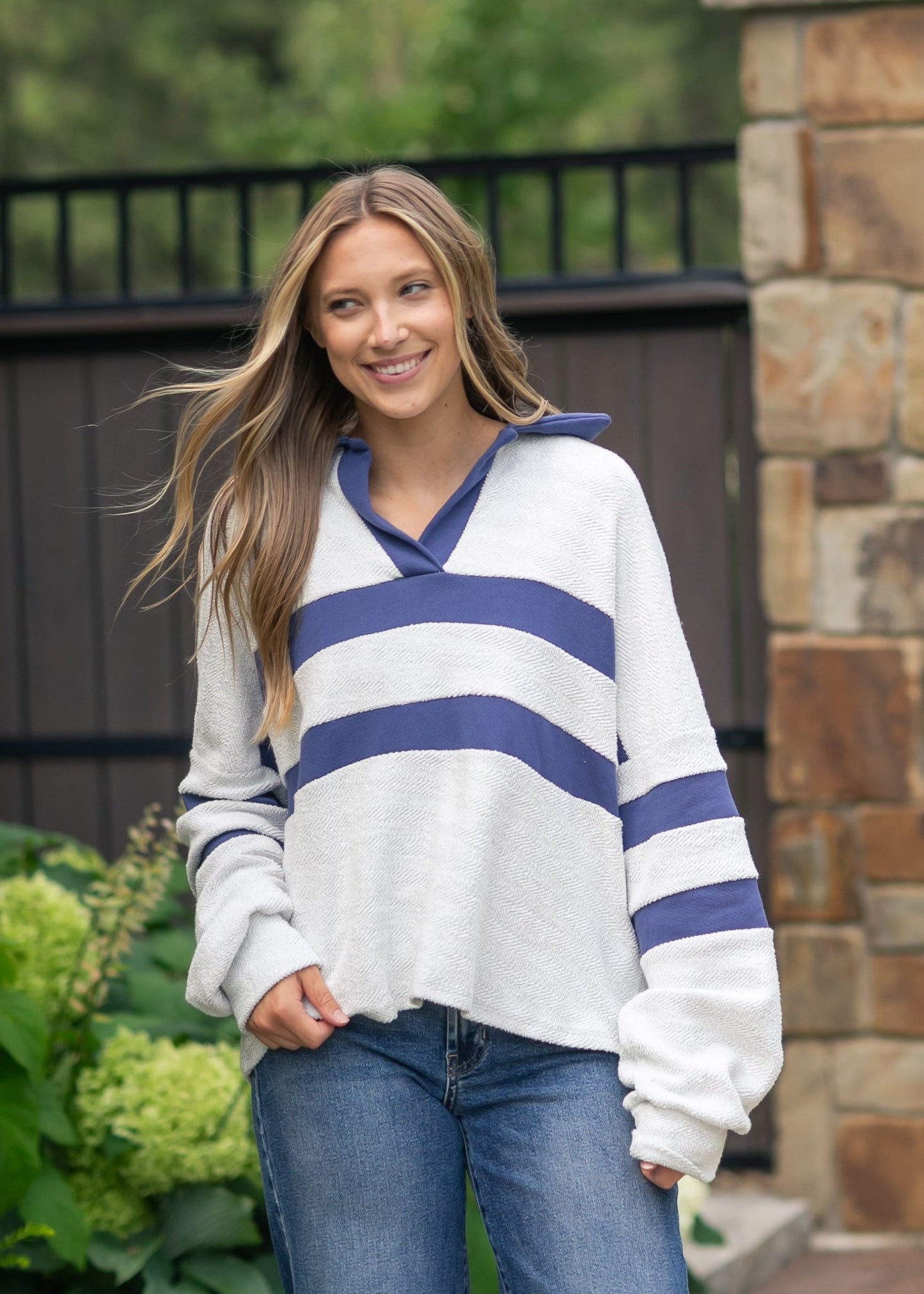 Collared Contrast Stripe Knit Top FF Tops