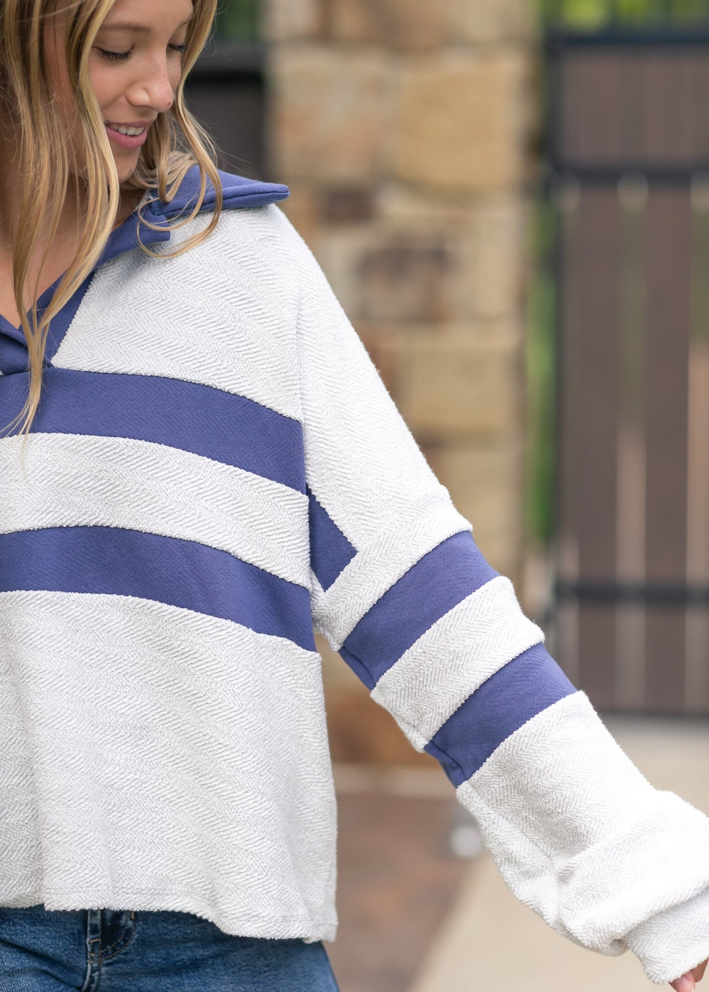 Collared Contrast Stripe Knit Top FF Tops