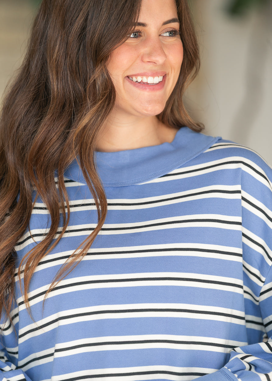 Contrast Stripe Wide Neck Long Sleeve Top FF Tops