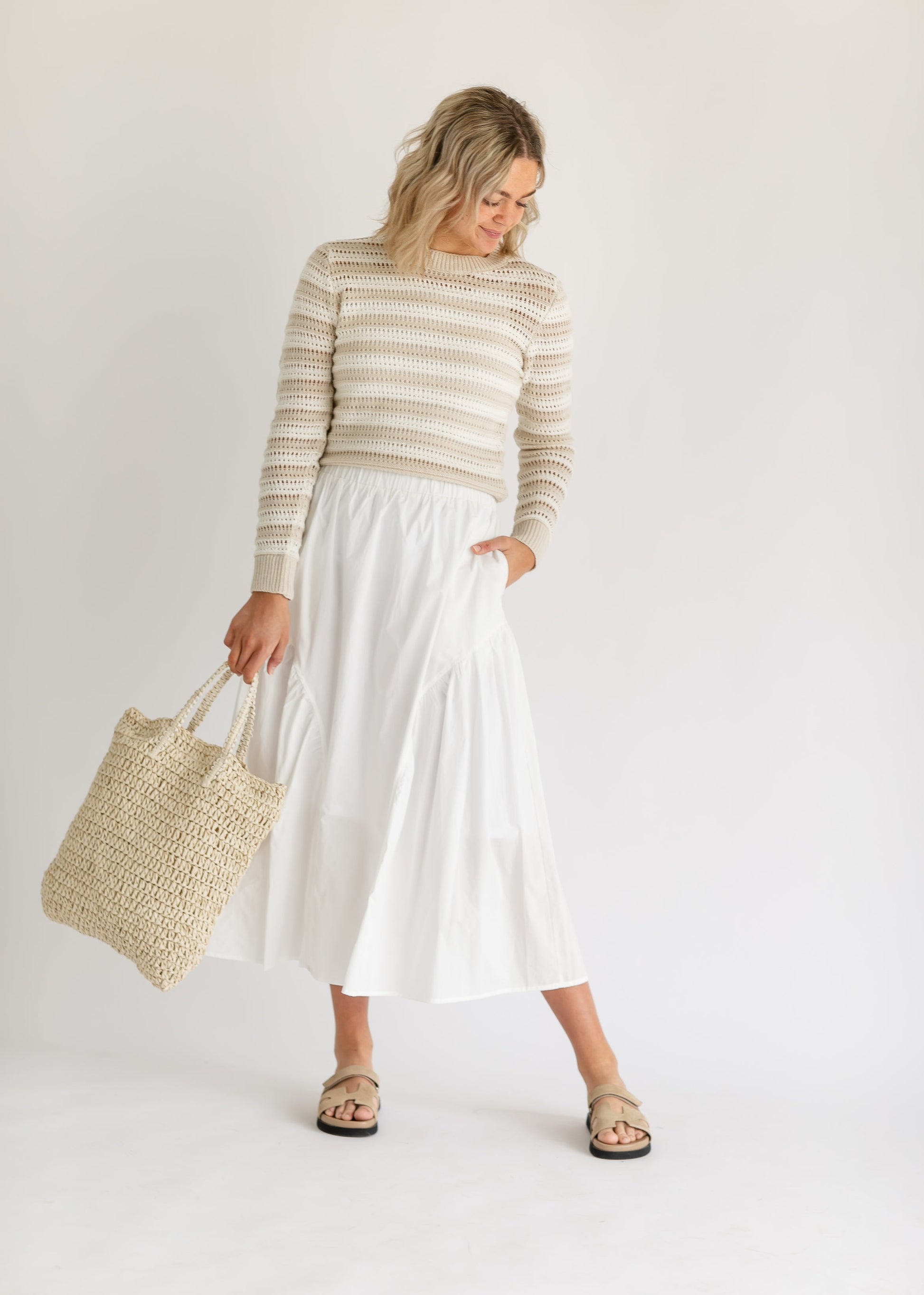 Cotton Pull-on Flounce Midi Skirt FF Skirts White / S
