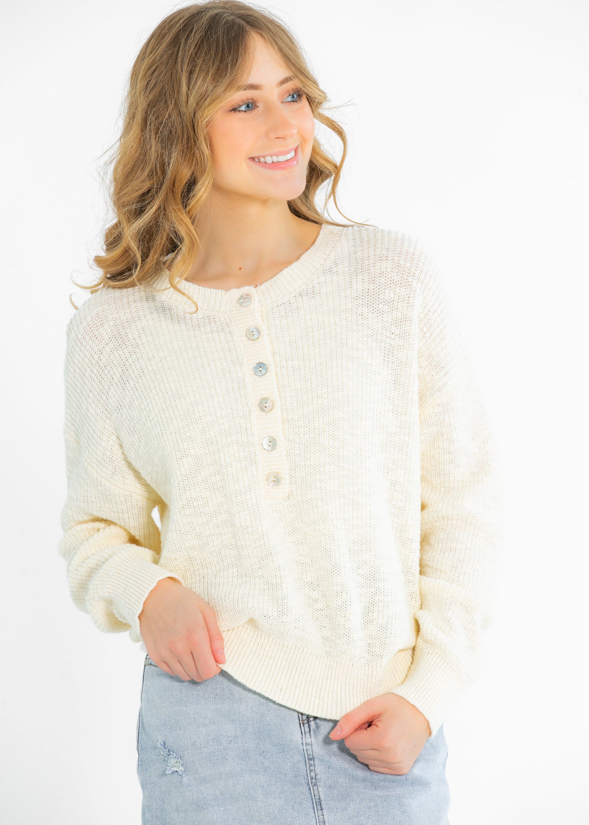 Cotton Quarter Button Knit Sweater FF Tops