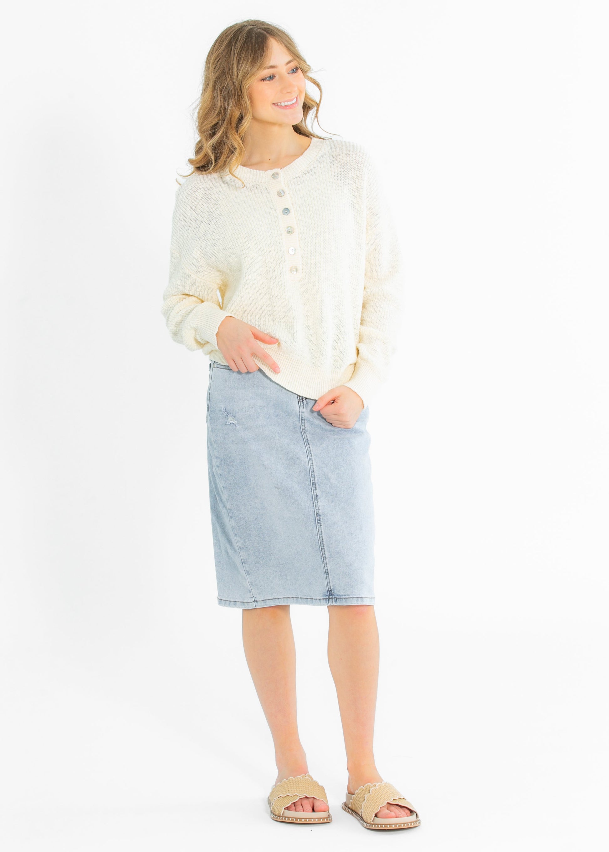 Cotton Quarter Button Knit Sweater FF Tops