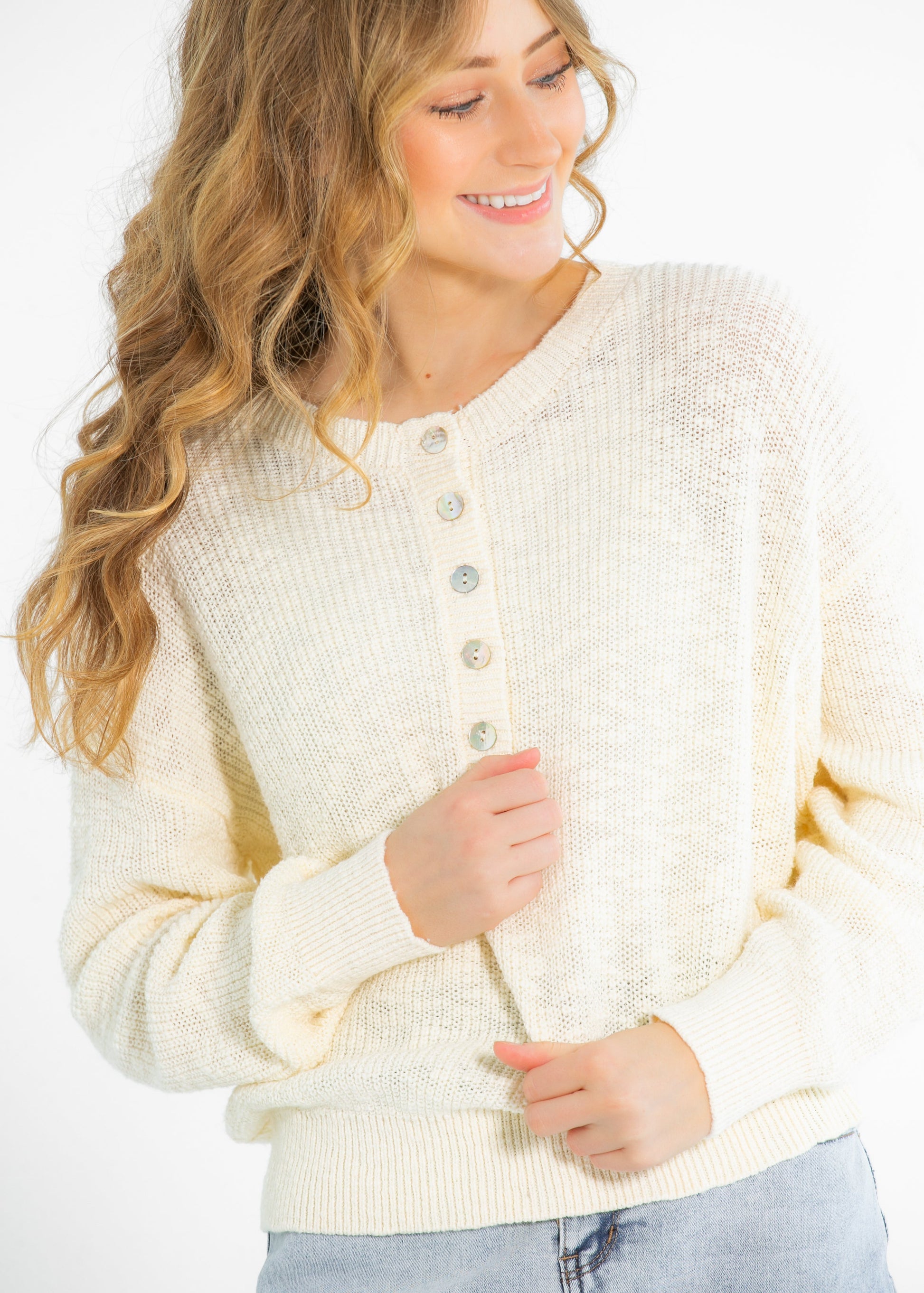 Cotton Quarter Button Knit Sweater FF Tops