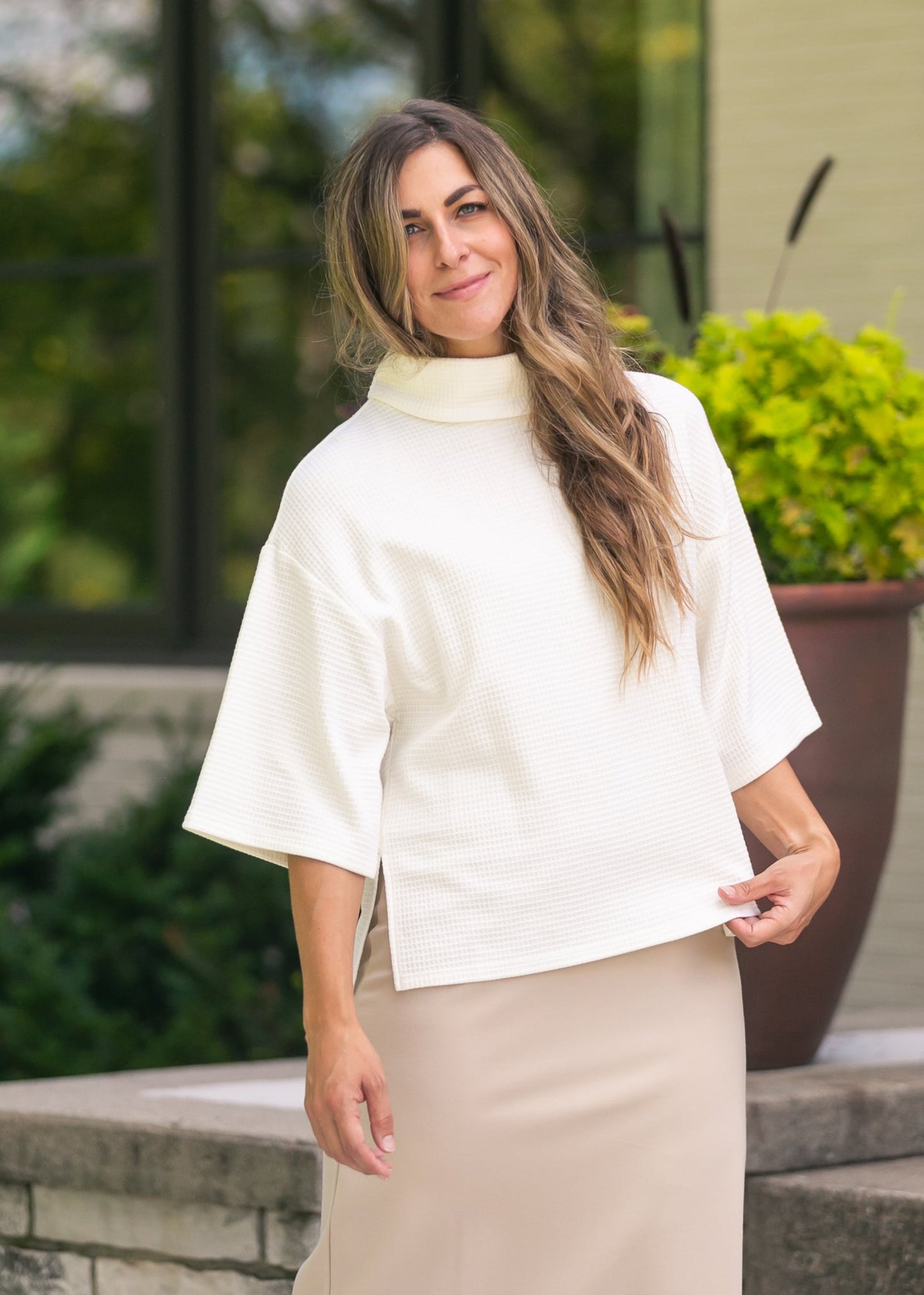 Cowl Neck Waffle Top FF Tops