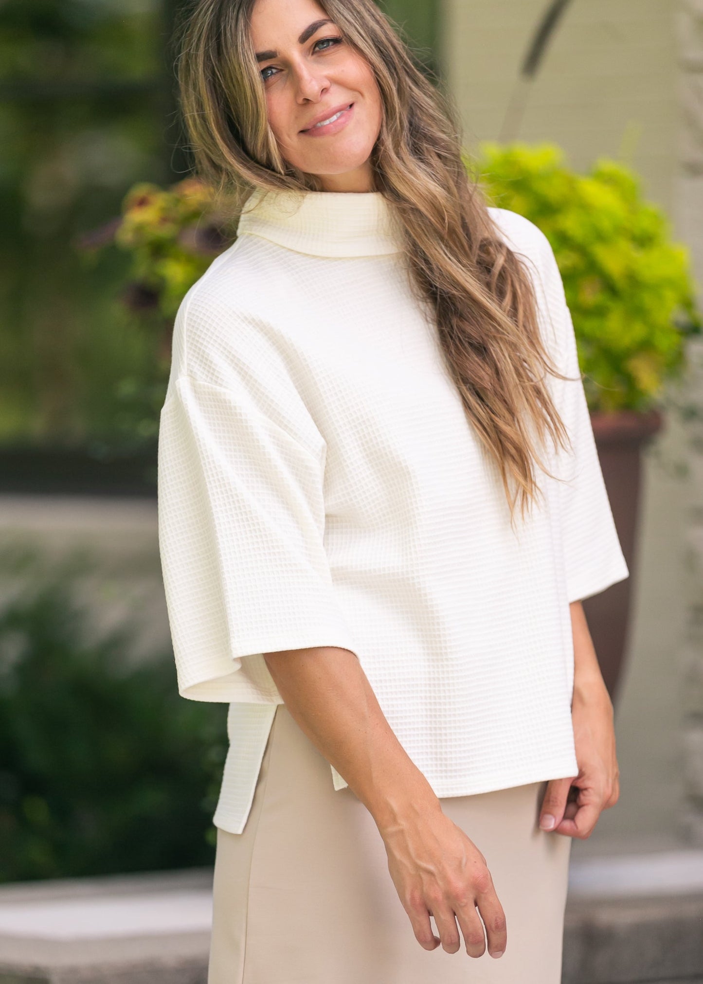 Cowl Neck Waffle Top FF Tops