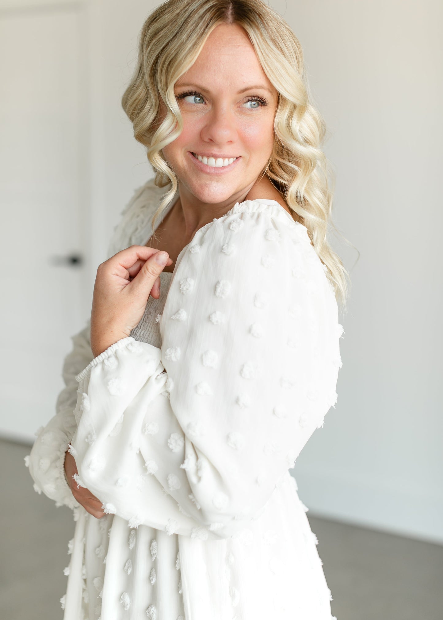 Cream Swiss Dot Smocked Midi Dress FF Dresses