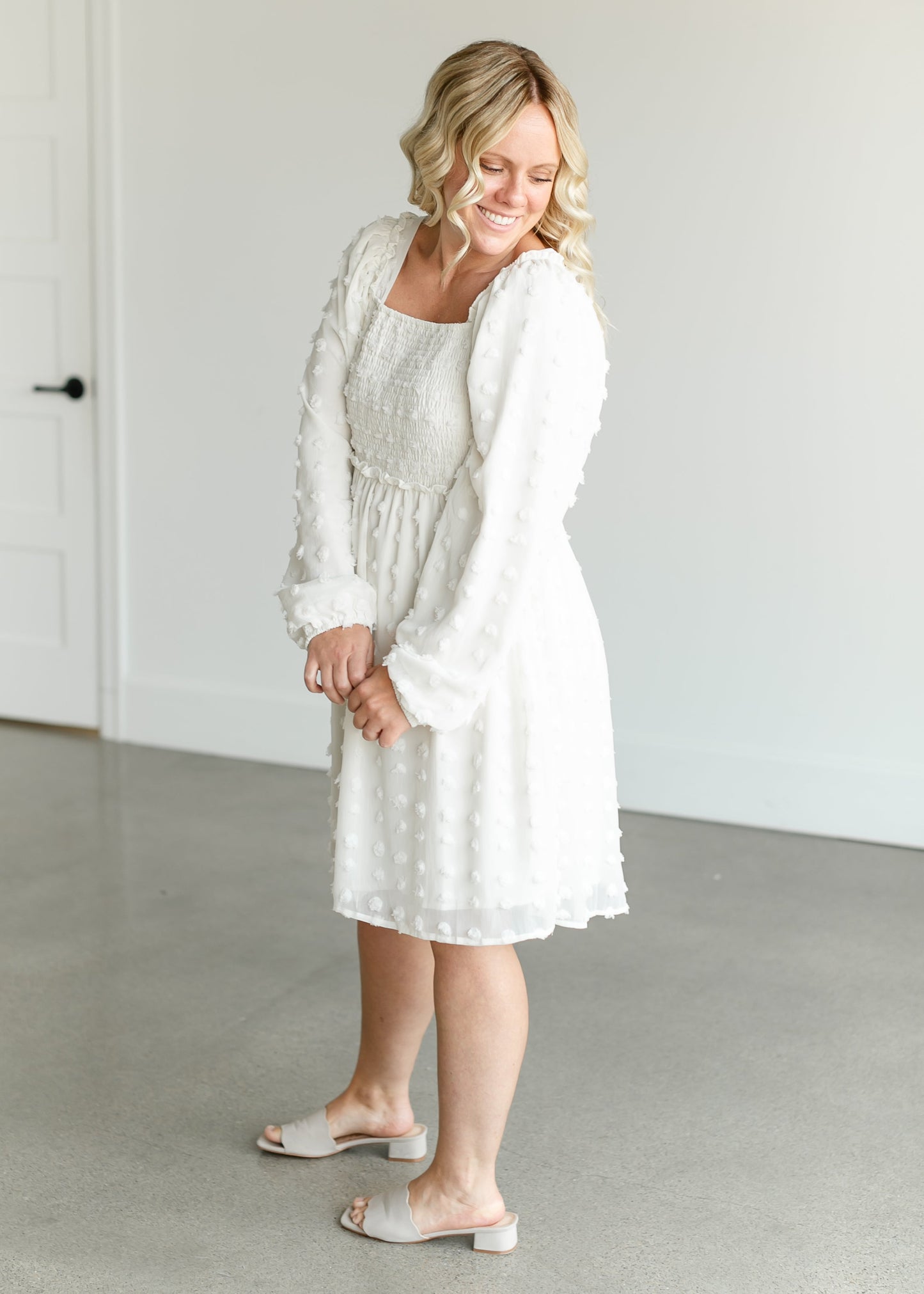 Cream Swiss Dot Smocked Midi Dress FF Dresses
