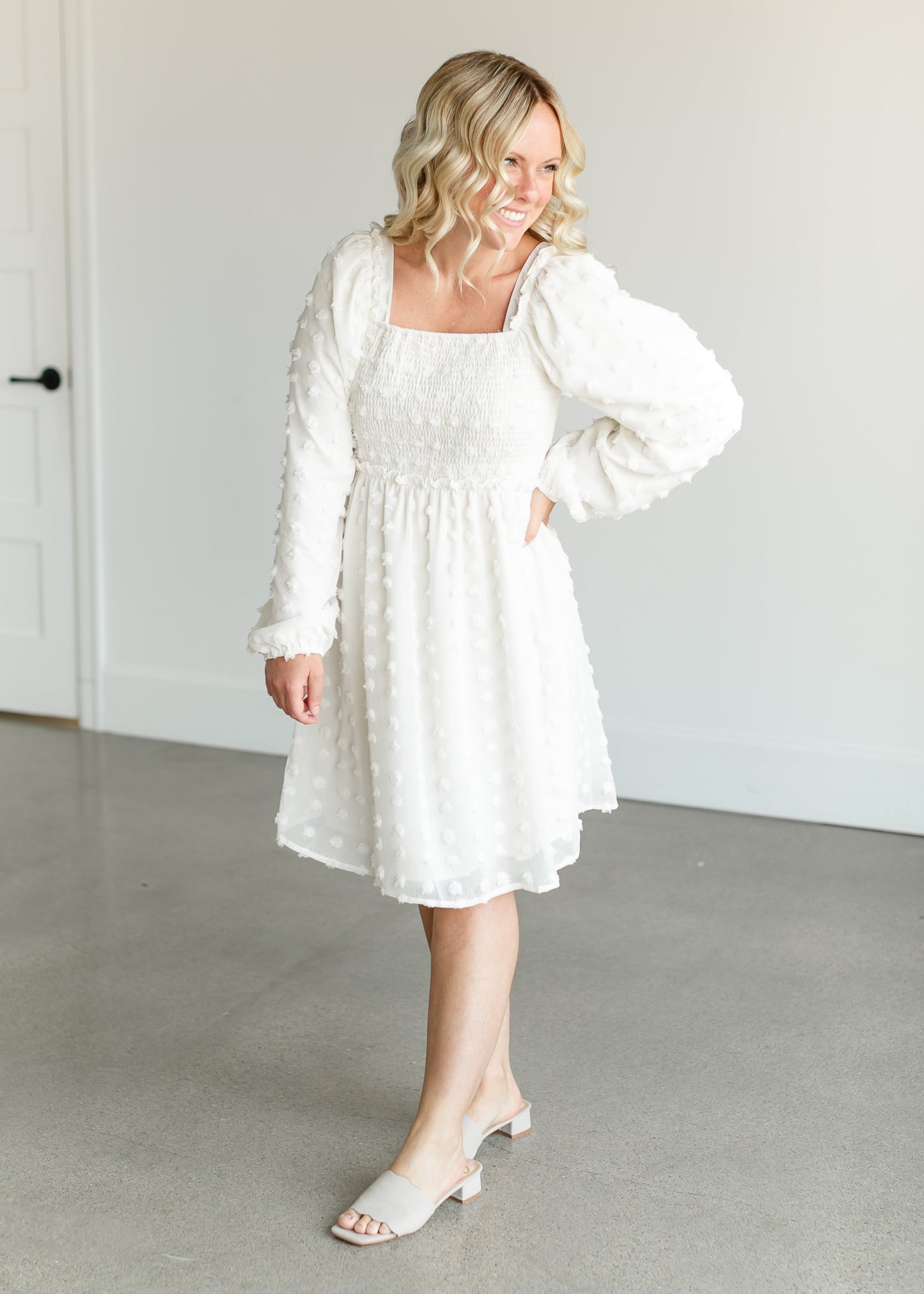 Cream Swiss Dot Smocked Midi Dress FF Dresses