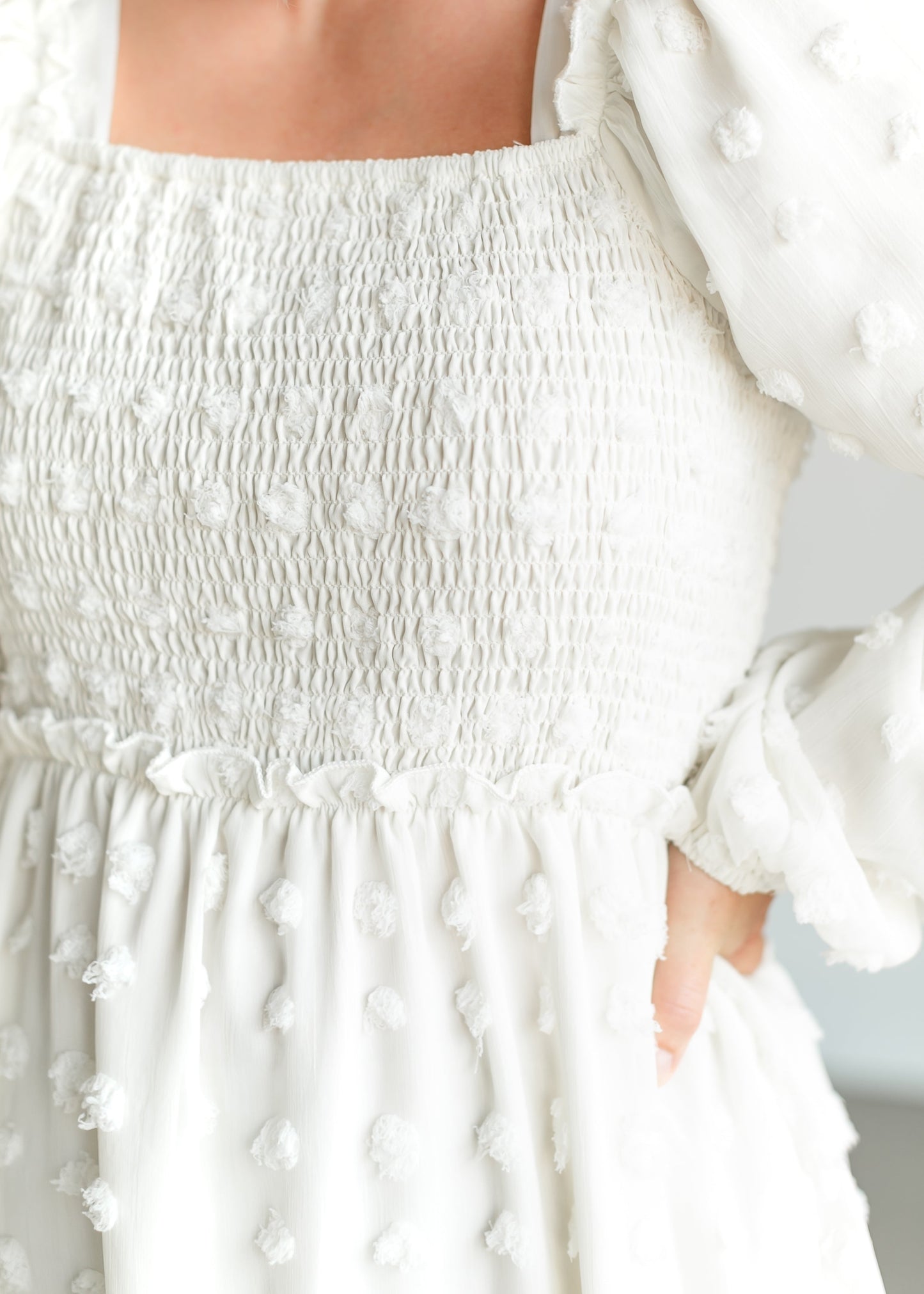 Cream Swiss Dot Smocked Midi Dress FF Dresses
