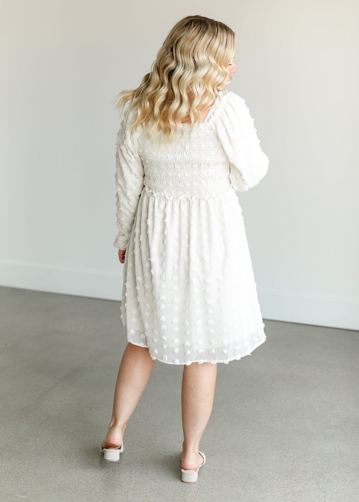 Cream Swiss Dot Smocked Midi Dress FF Dresses