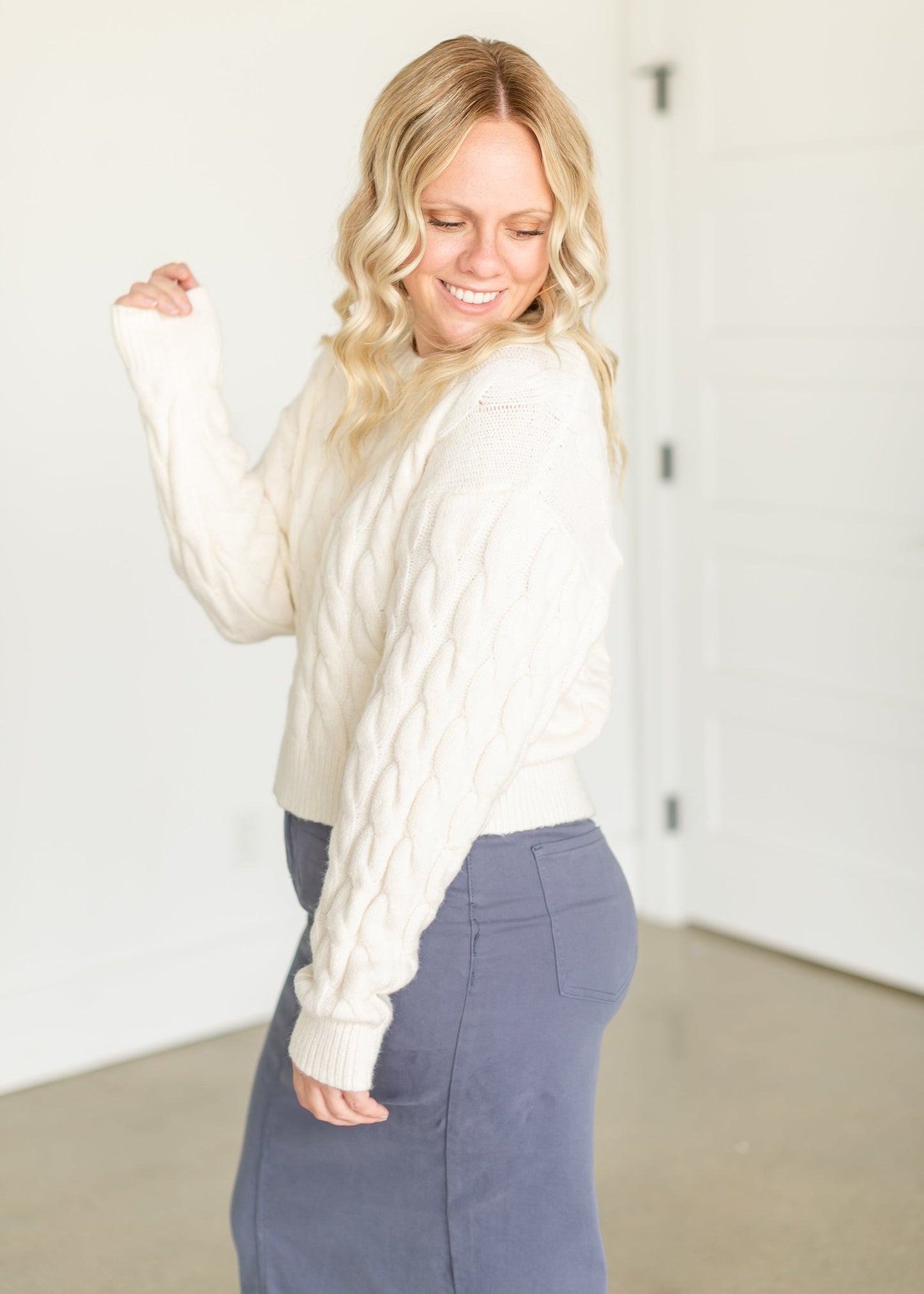 Crewneck Cable Knit Sweater FF Tops