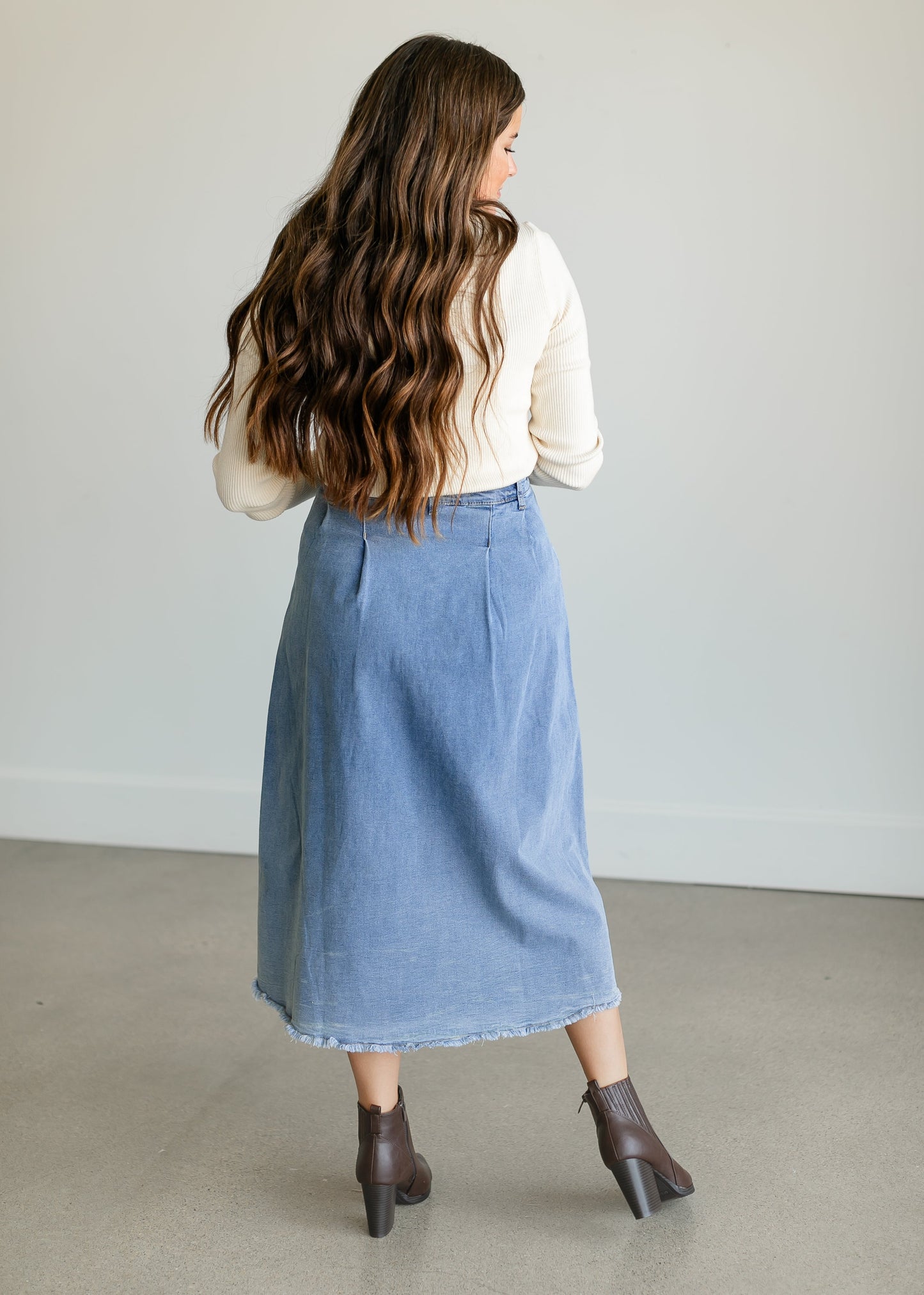 Denim A-line Raw Hem Maxi Skirt FF Skirts